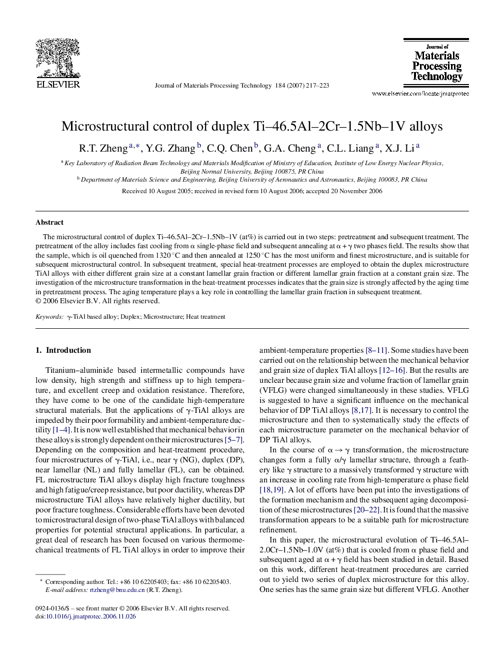 Microstructural control of duplex Ti–46.5Al–2Cr–1.5Nb–1V alloys