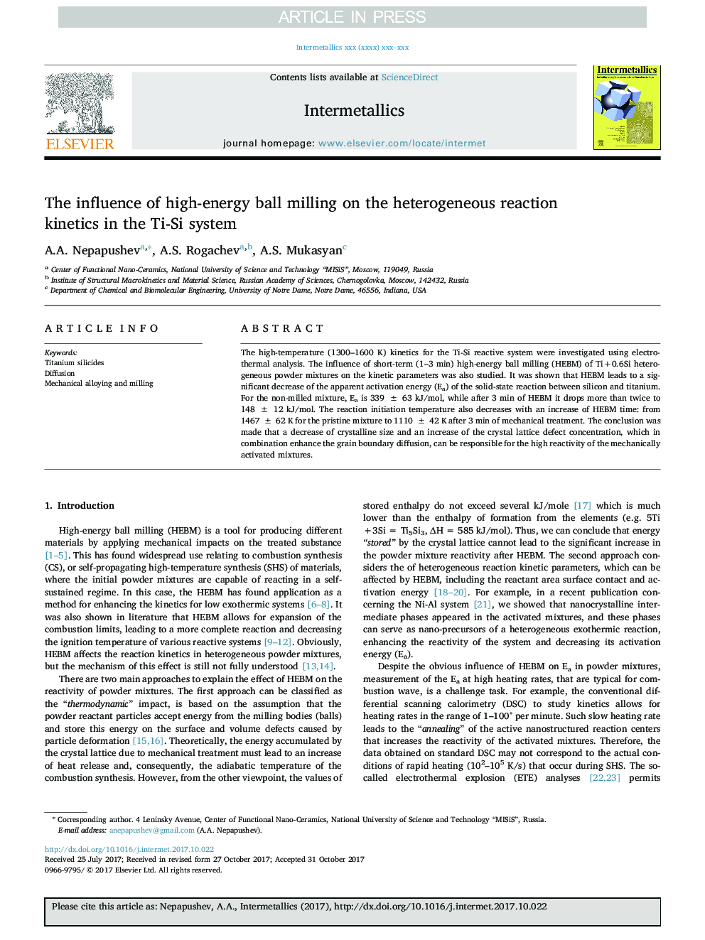The influence of high-energy ball milling on the heterogeneous reaction kinetics in the Ti-Si system