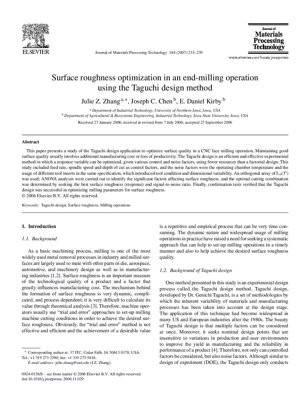 Surface roughness optimization in an end-milling operation using the Taguchi design method