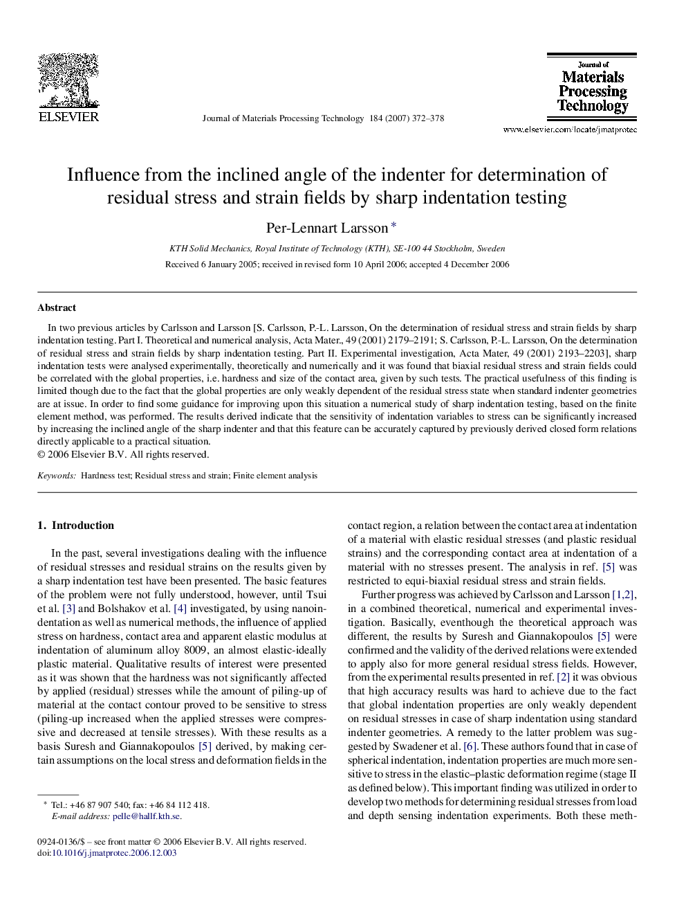 Influence from the inclined angle of the indenter for determination of residual stress and strain fields by sharp indentation testing