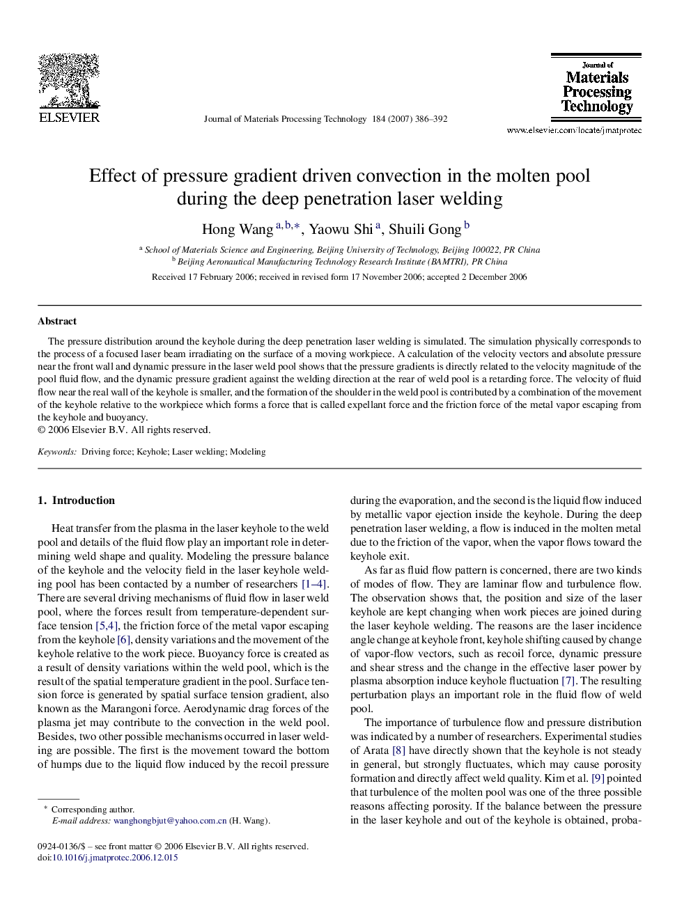 Effect of pressure gradient driven convection in the molten pool during the deep penetration laser welding