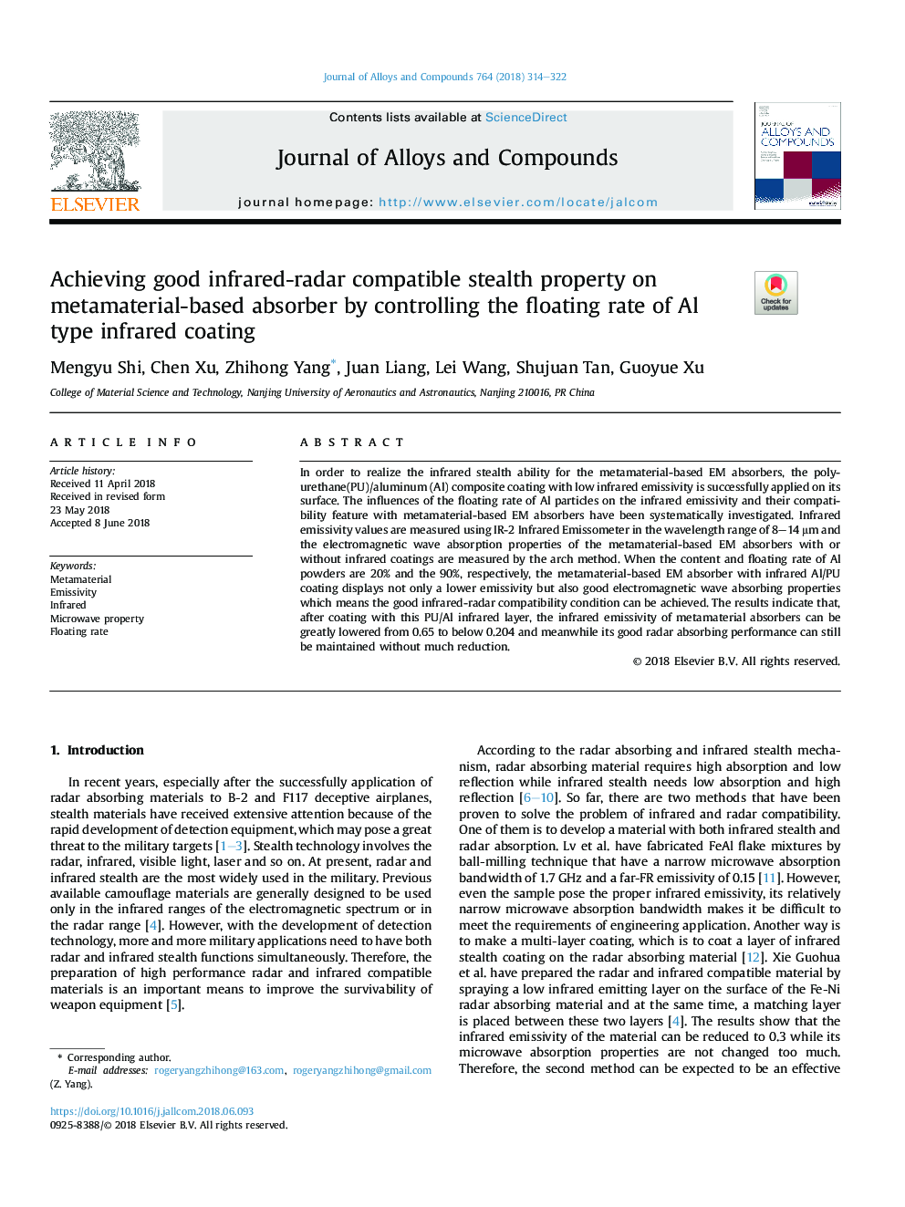Achieving good infrared-radar compatible stealth property on metamaterial-based absorber by controlling the floating rate of Al type infrared coating