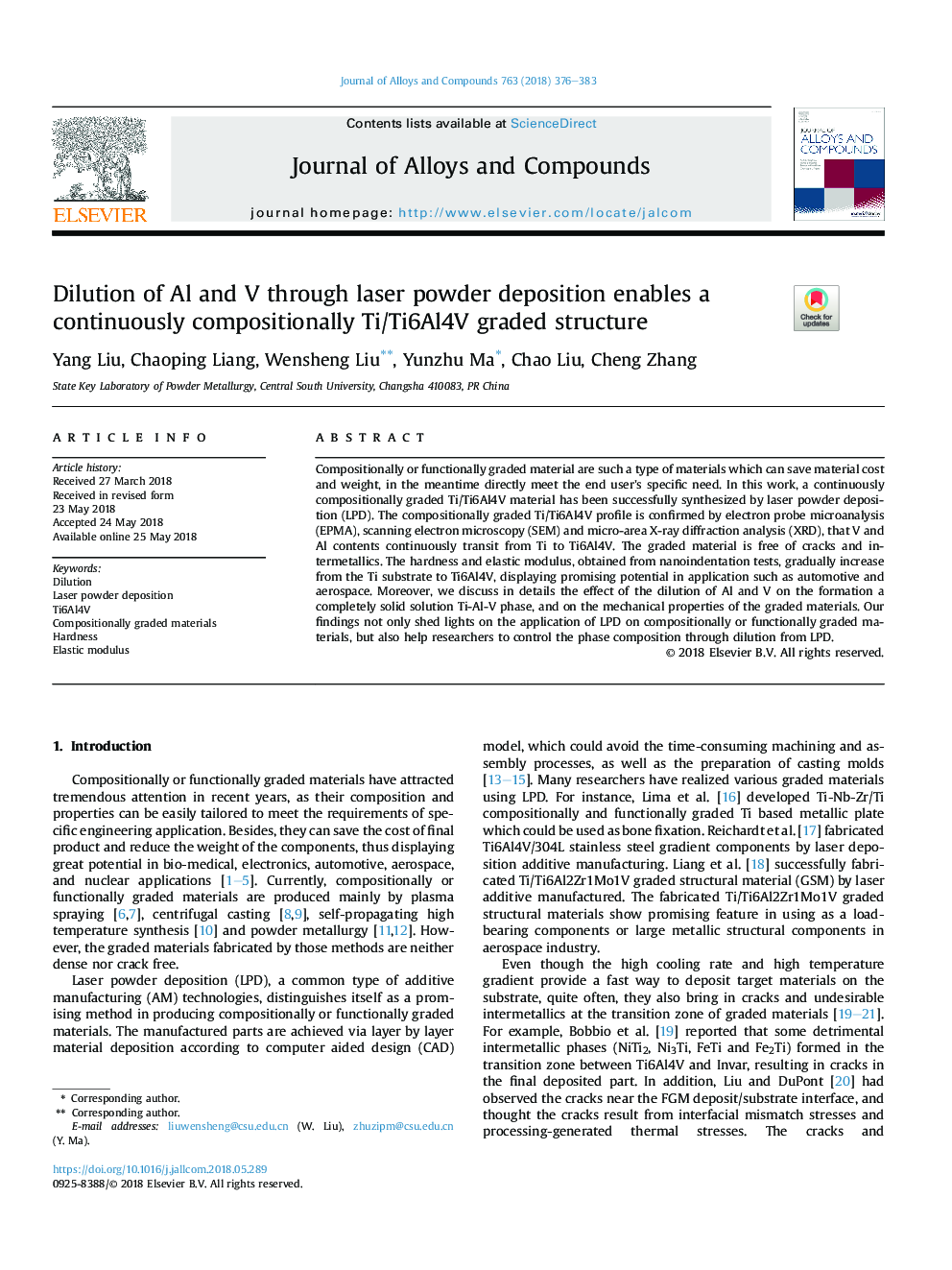 Dilution of Al and V through laser powder deposition enables a continuously compositionally Ti/Ti6Al4V graded structure