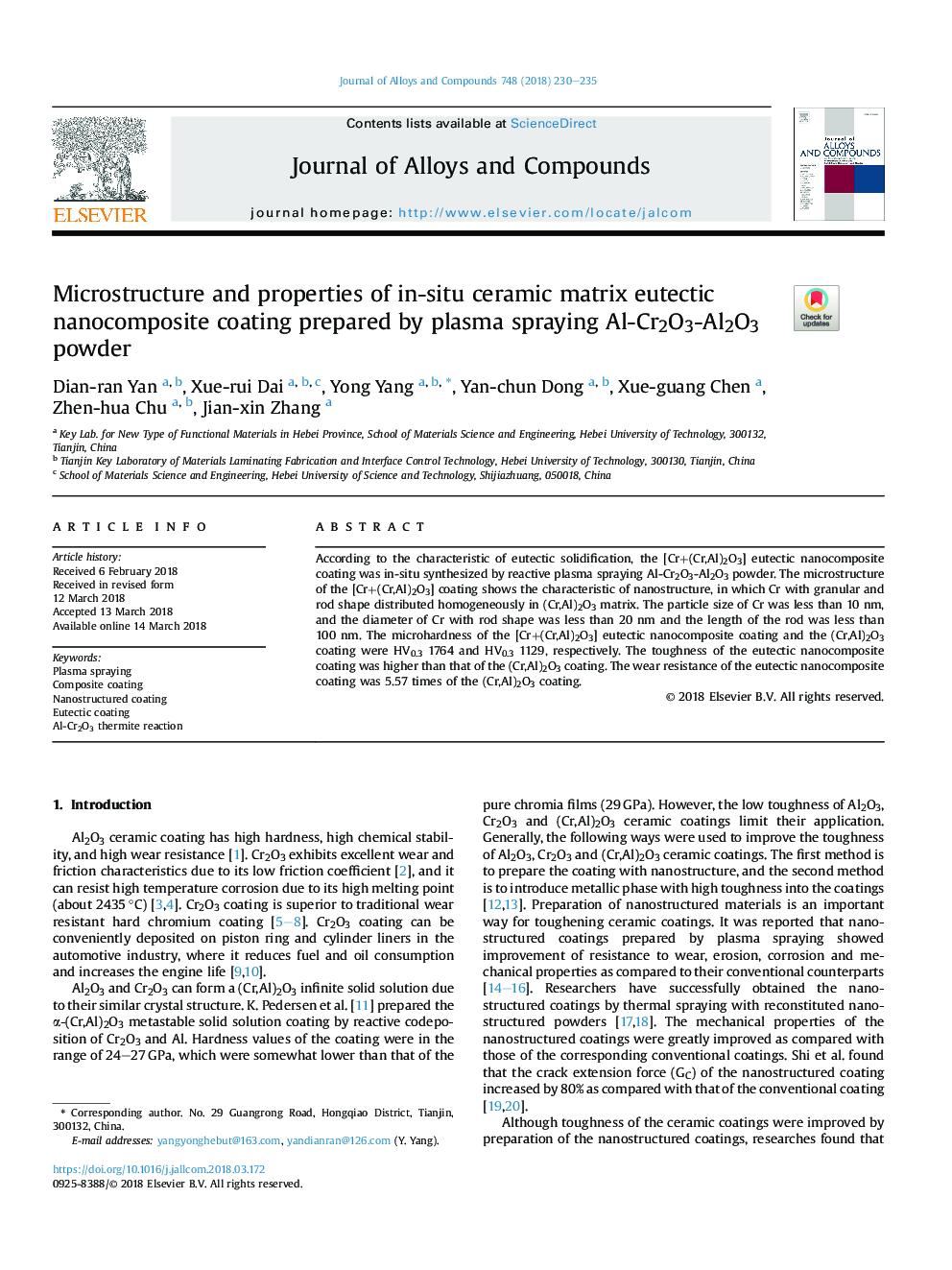 Microstructure and properties of in-situ ceramic matrix eutectic nanocomposite coating prepared by plasma spraying Al-Cr2O3-Al2O3 powder