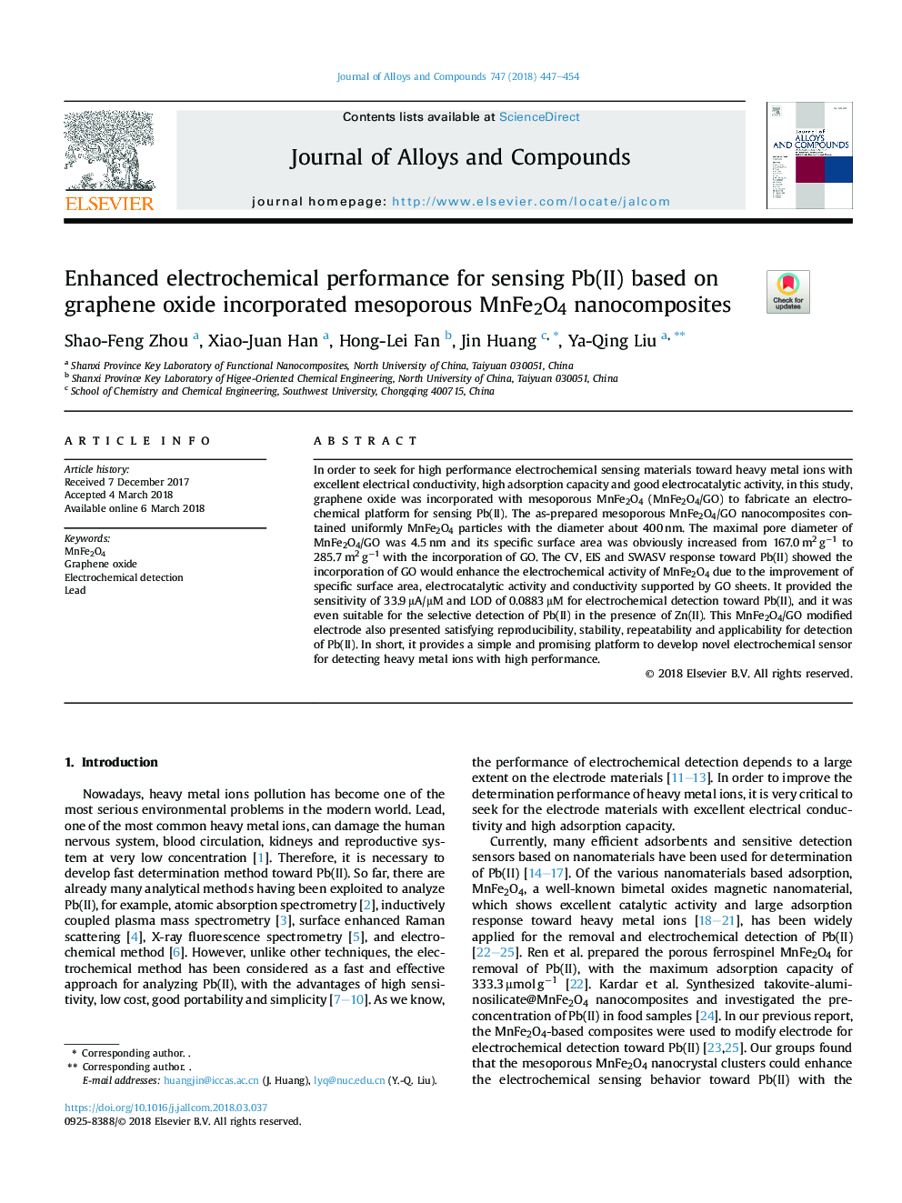 Enhanced electrochemical performance for sensing Pb(II) based on graphene oxide incorporated mesoporous MnFe2O4 nanocomposites