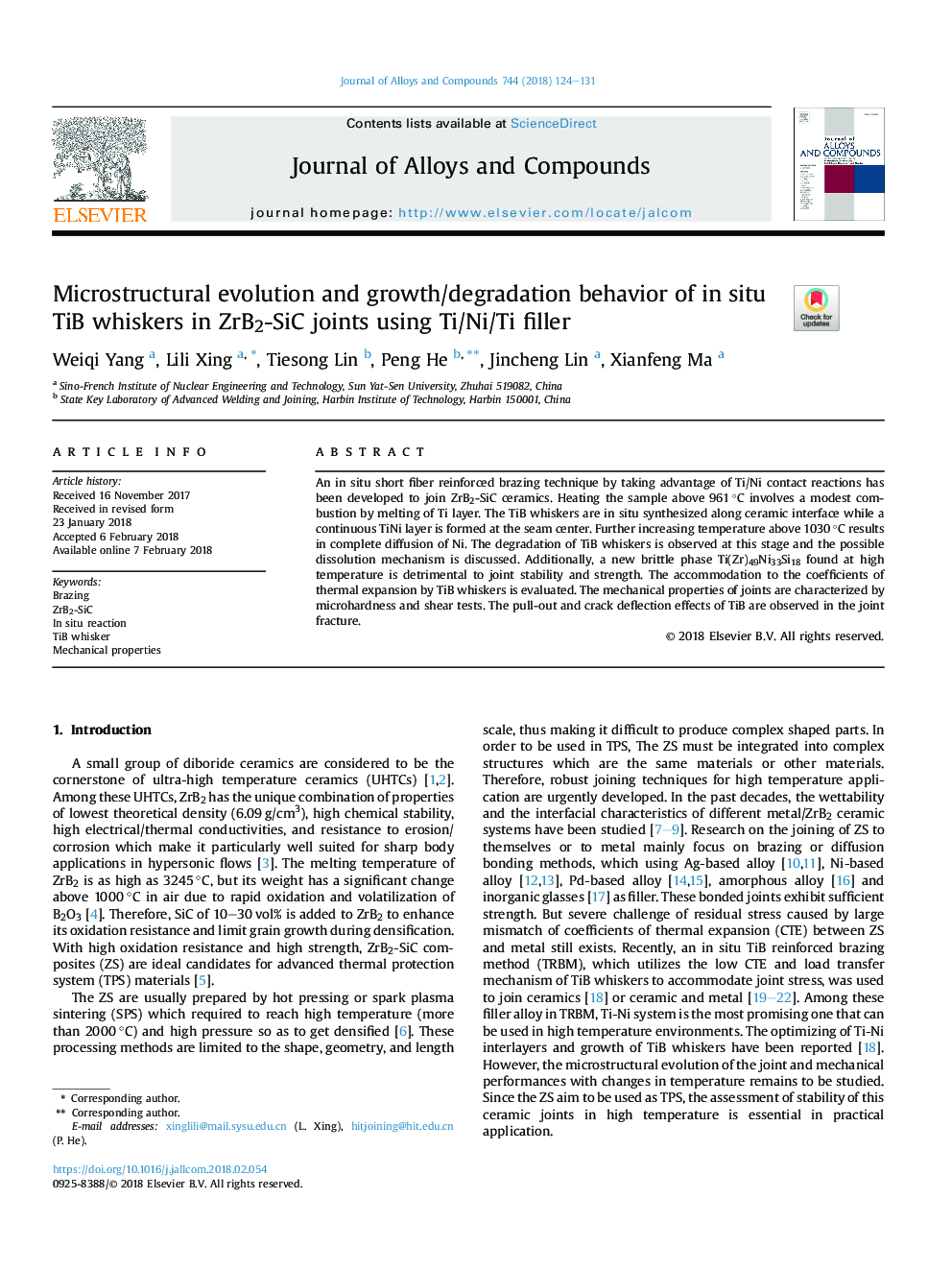 Microstructural evolution and growth/degradation behavior of in situ TiB whiskers in ZrB2-SiC joints using Ti/Ni/Ti filler