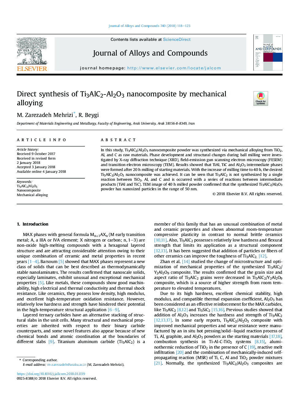 Direct synthesis of Ti3AlC2-Al2O3 nanocomposite by mechanical alloying