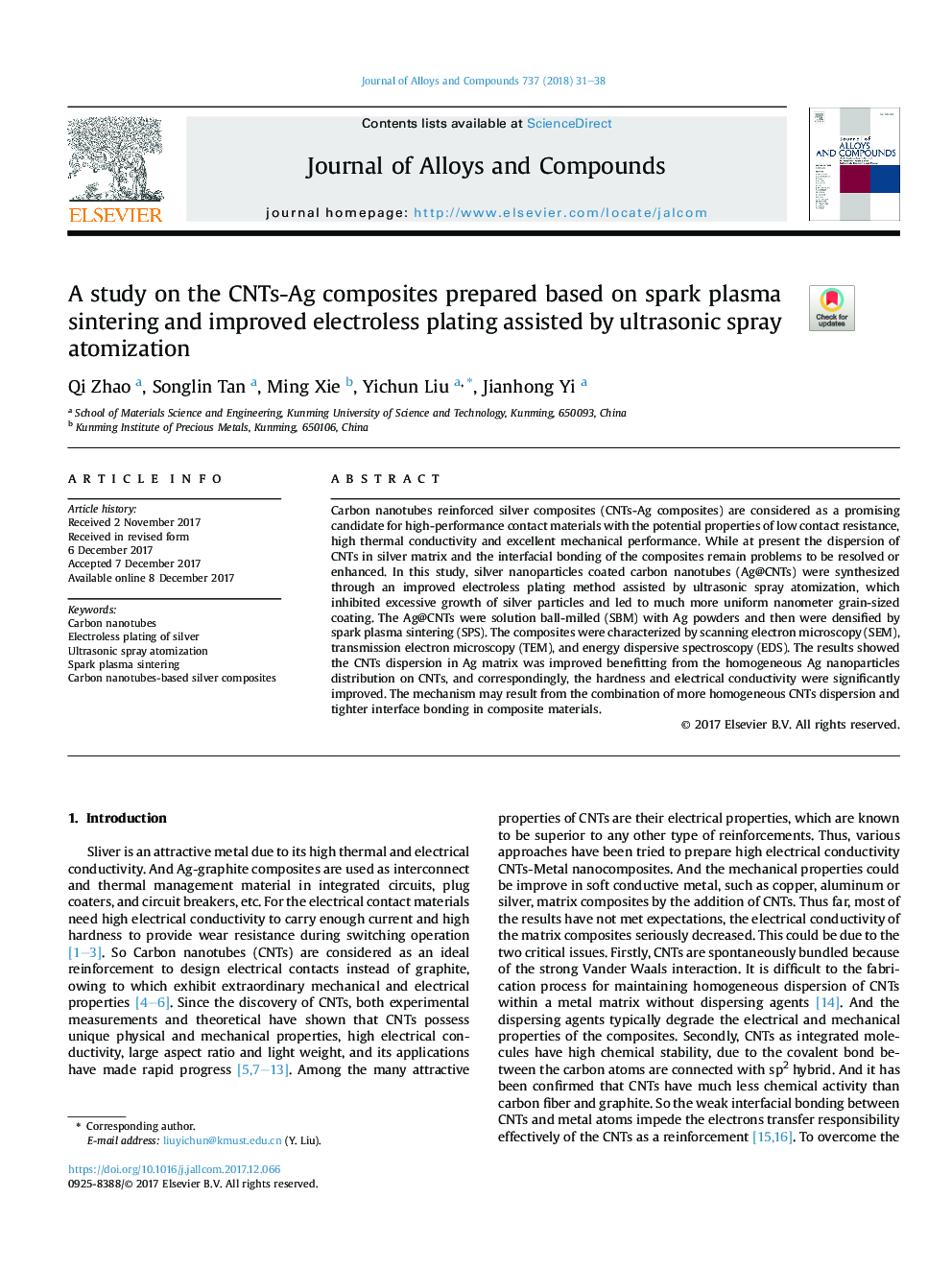 A study on the CNTs-Ag composites prepared based on spark plasma sintering and improved electroless plating assisted by ultrasonic spray atomization