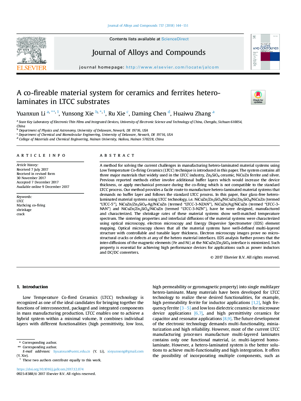 A co-fireable material system for ceramics and ferrites hetero-laminates in LTCC substrates