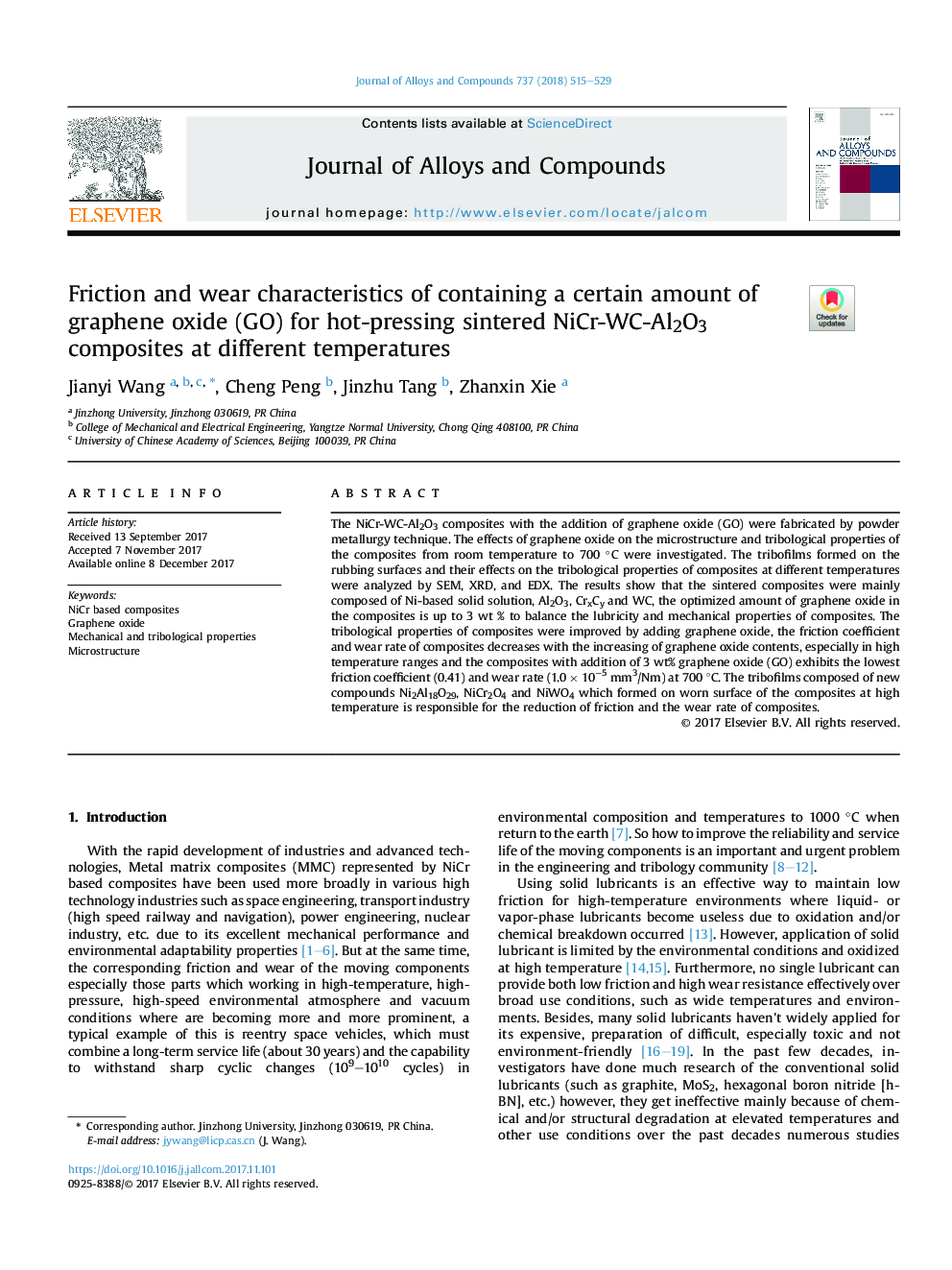 Friction and wear characteristics of containing a certain amount of graphene oxide (GO) for hot-pressing sintered NiCr-WC-Al2O3 composites at different temperatures