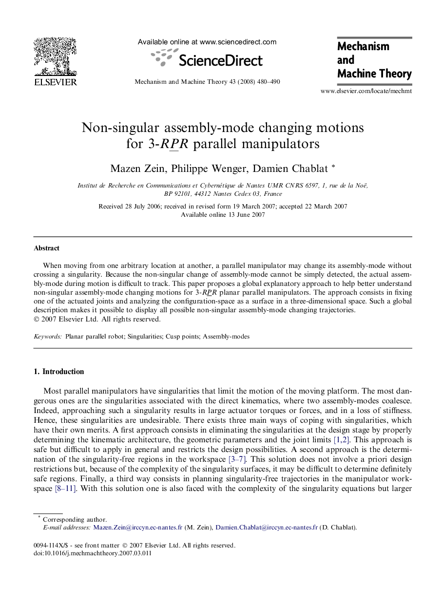 Non-singular assembly-mode changing motions for 3-RPR parallel manipulators