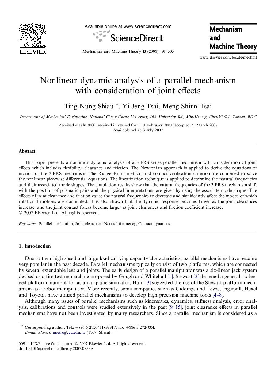 Nonlinear dynamic analysis of a parallel mechanism with consideration of joint effects