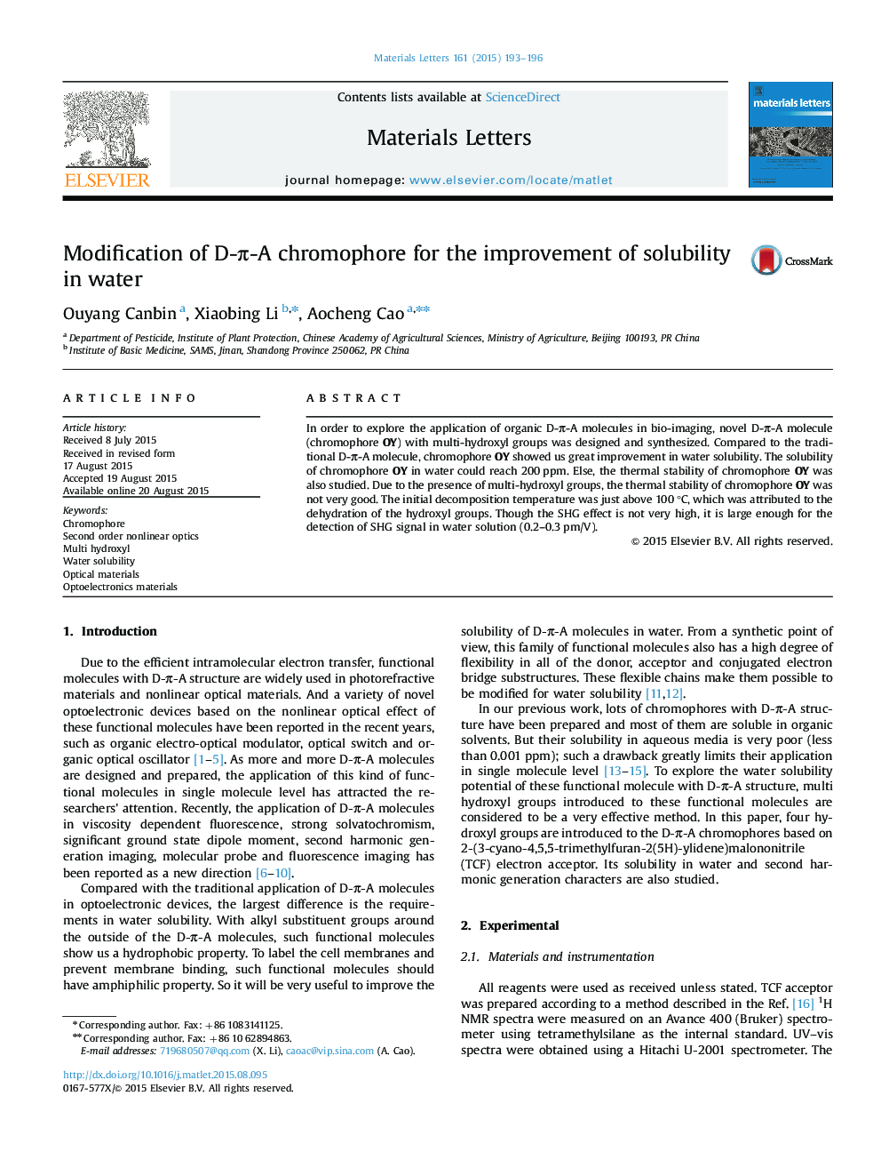 Modification of D-Ï-A chromophore for the improvement of solubility in water