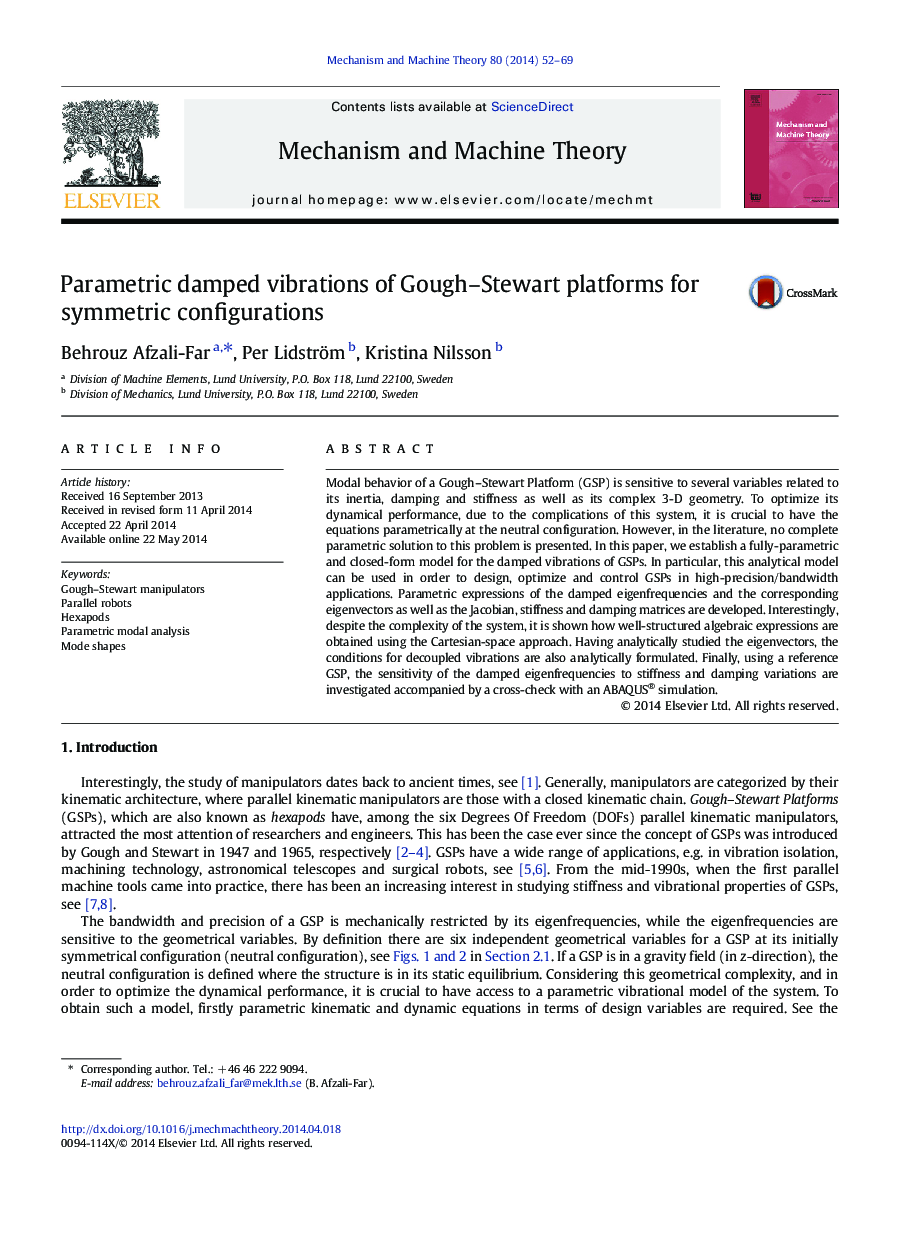 Parametric damped vibrations of Gough–Stewart platforms for symmetric configurations