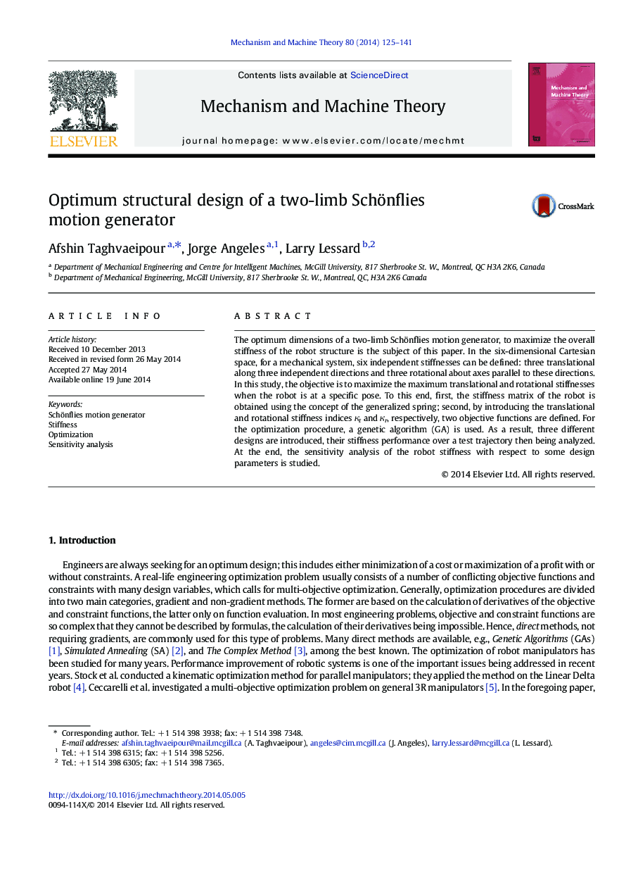 Optimum structural design of a two-limb Schönflies motion generator