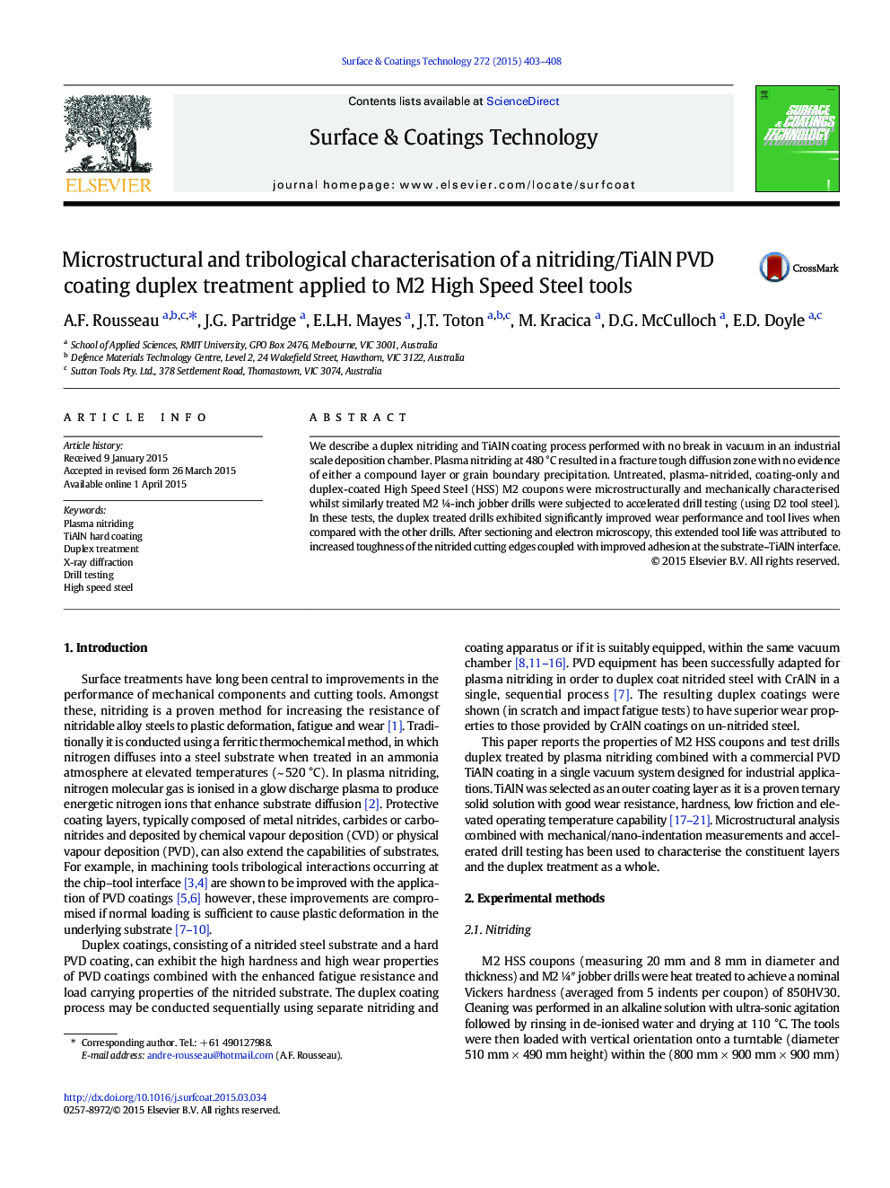 Microstructural and tribological characterisation of a nitriding/TiAlN PVD coating duplex treatment applied to M2 High Speed Steel tools