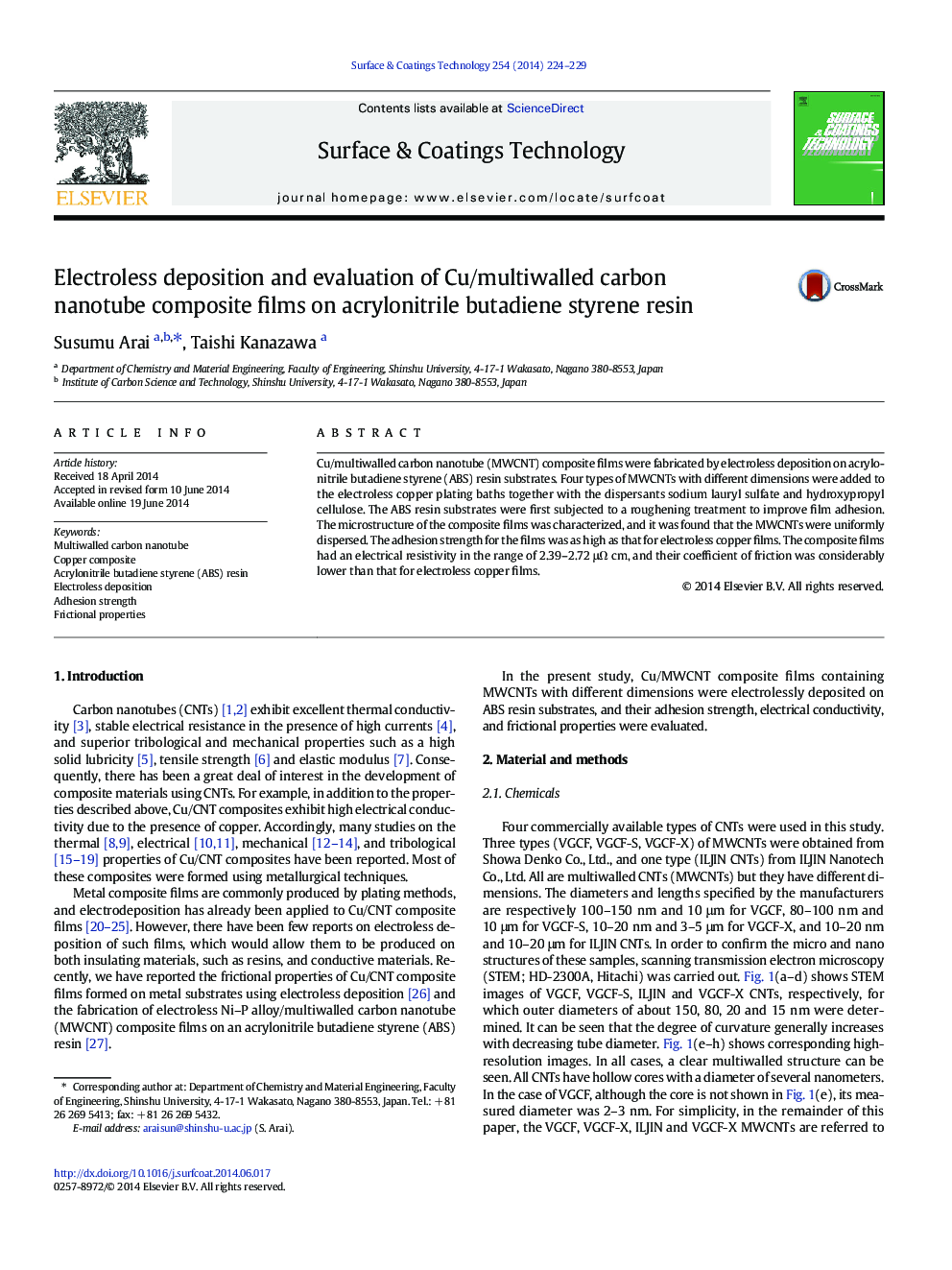 Electroless deposition and evaluation of Cu/multiwalled carbon nanotube composite films on acrylonitrile butadiene styrene resin