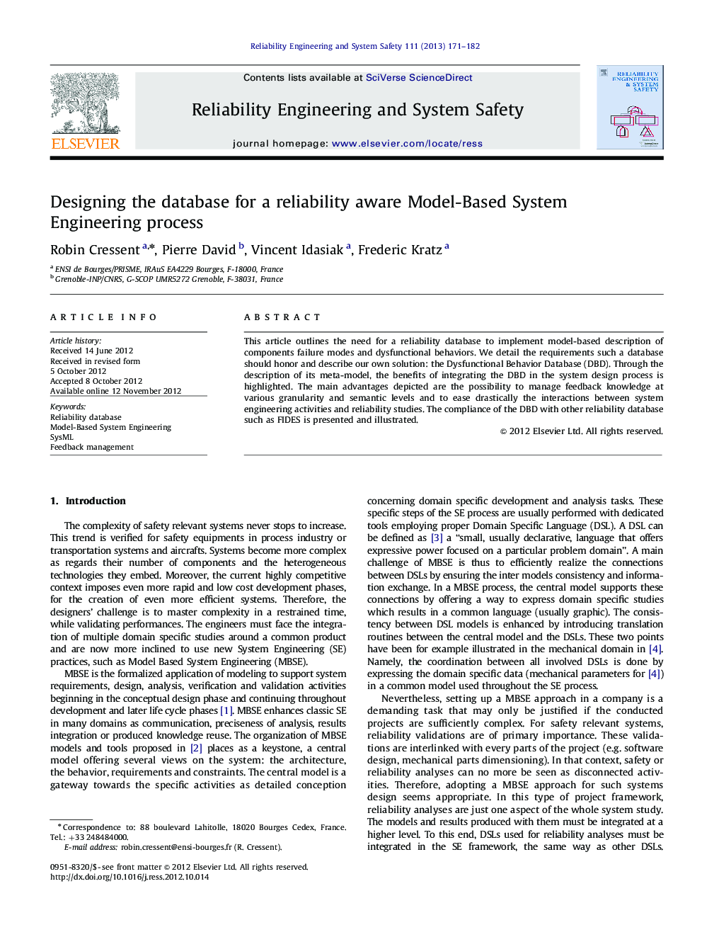 Designing the database for a reliability aware Model-Based System Engineering process