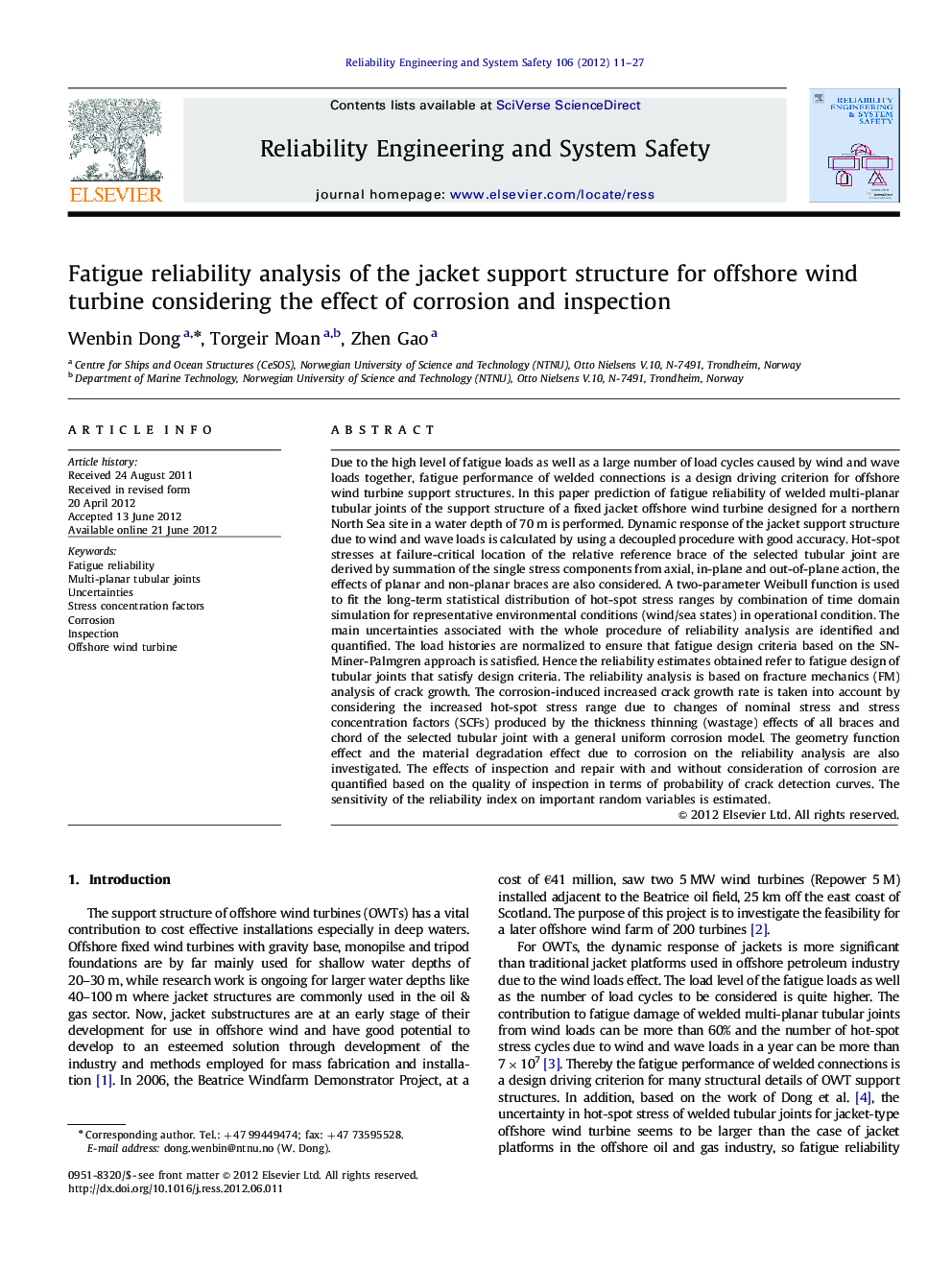 Fatigue reliability analysis of the jacket support structure for offshore wind turbine considering the effect of corrosion and inspection