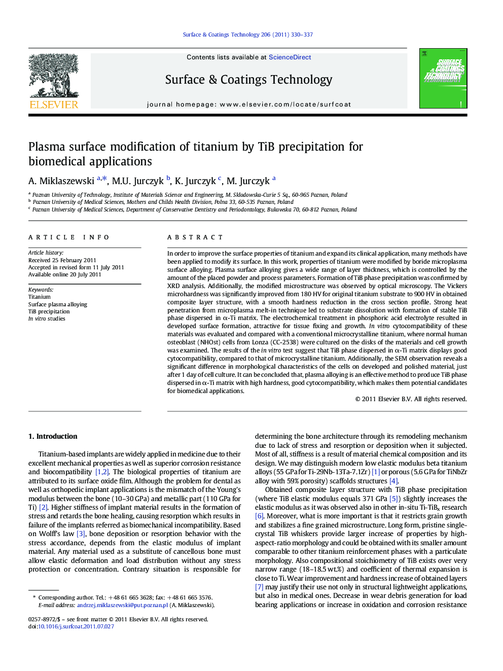Plasma surface modification of titanium by TiB precipitation for biomedical applications