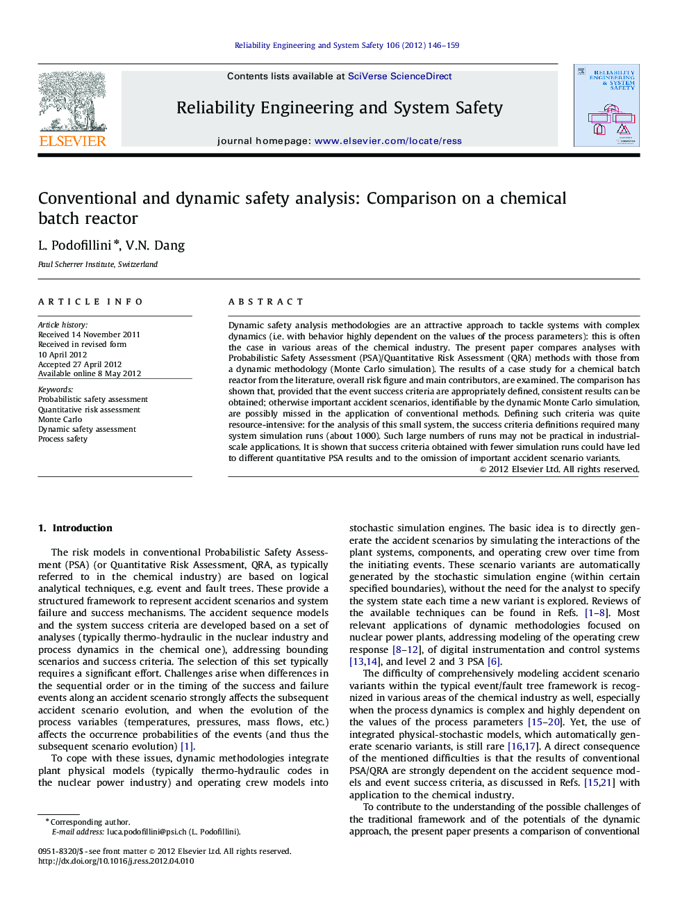 Conventional and dynamic safety analysis: Comparison on a chemical batch reactor