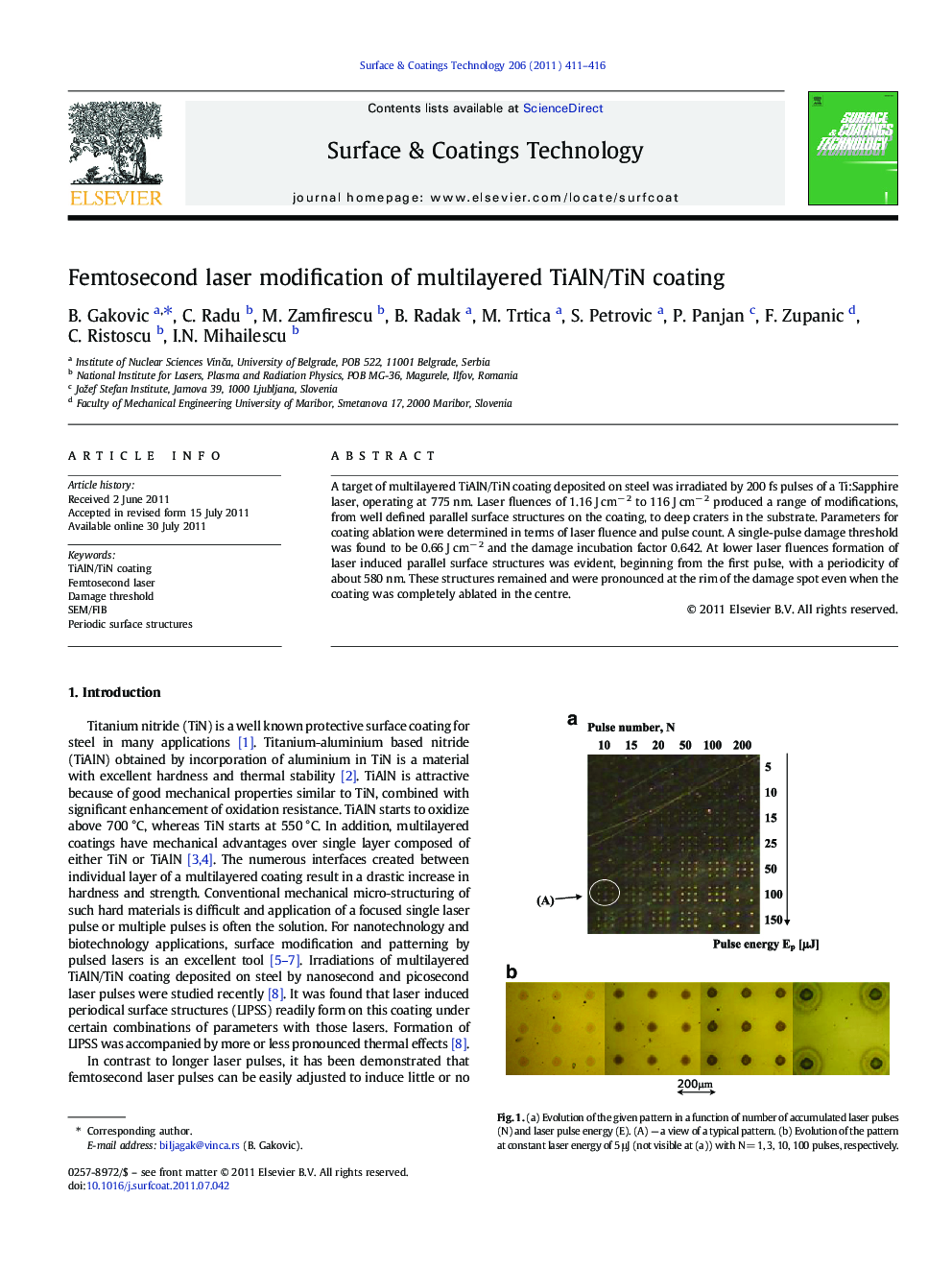 Femtosecond laser modification of multilayered TiAlN/TiN coating