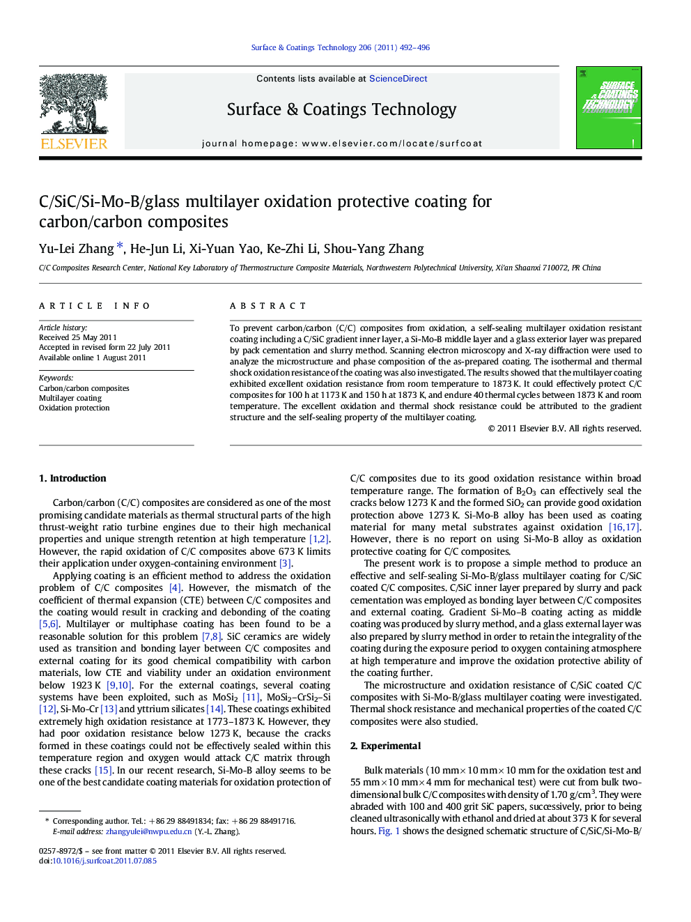 C/SiC/Si-Mo-B/glass multilayer oxidation protective coating for carbon/carbon composites