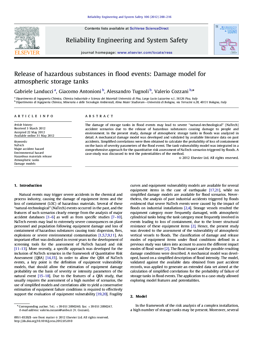 Release of hazardous substances in flood events: Damage model for atmospheric storage tanks