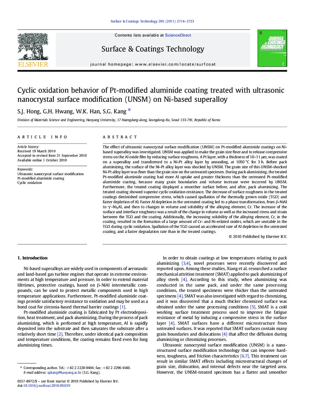 Cyclic oxidation behavior of Pt-modified aluminide coating treated with ultrasonic nanocrystal surface modification (UNSM) on Ni-based superalloy