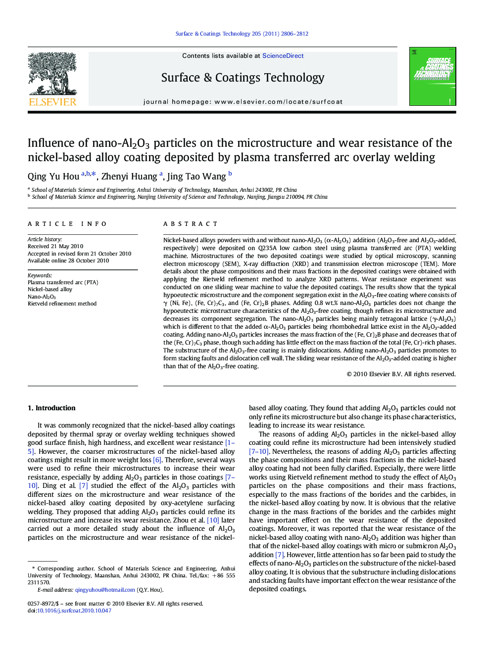 Influence of nano-Al2O3 particles on the microstructure and wear resistance of the nickel-based alloy coating deposited by plasma transferred arc overlay welding