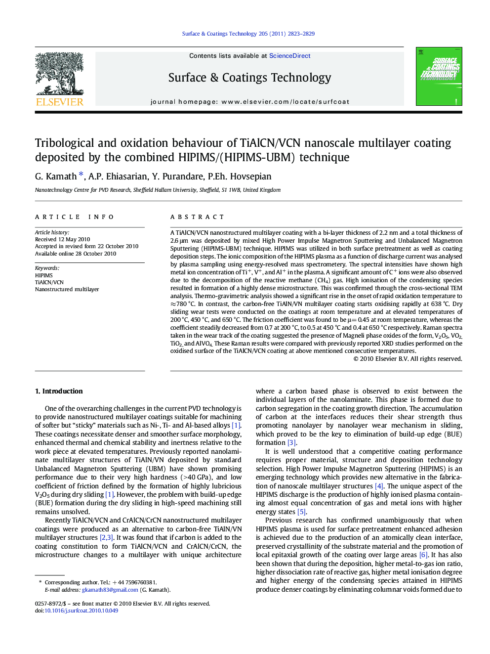 Tribological and oxidation behaviour of TiAlCN/VCN nanoscale multilayer coating deposited by the combined HIPIMS/(HIPIMS-UBM) technique