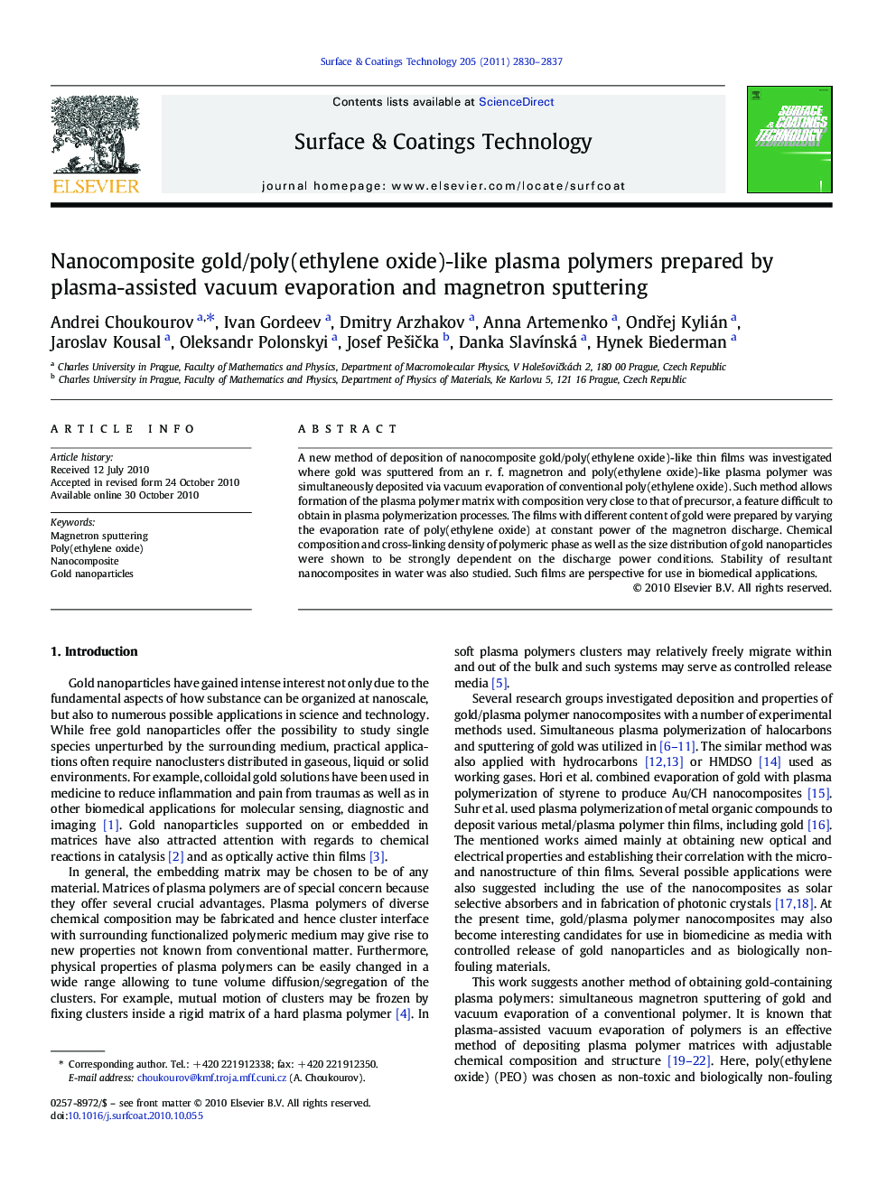 Nanocomposite gold/poly(ethylene oxide)-like plasma polymers prepared by plasma-assisted vacuum evaporation and magnetron sputtering