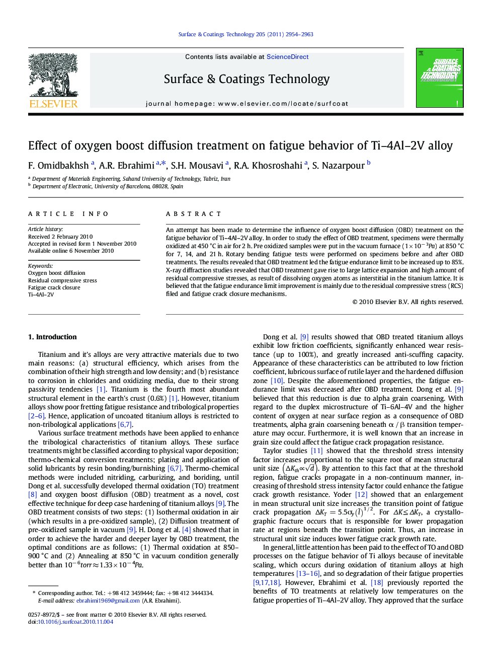 Effect of oxygen boost diffusion treatment on fatigue behavior of Ti-4Al-2V alloy