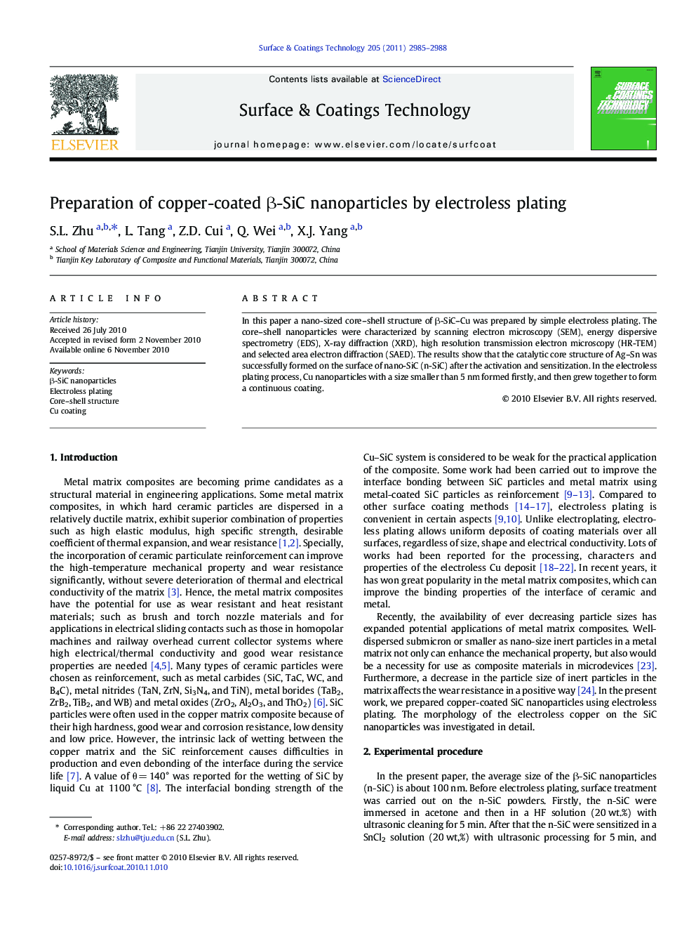 Preparation of copper-coated Î²-SiC nanoparticles by electroless plating