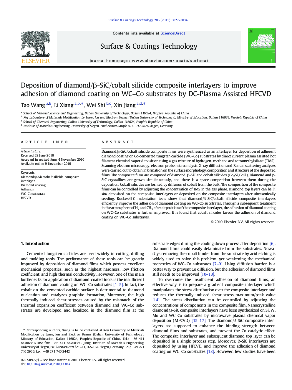 Deposition of diamond/Î²-SiC/cobalt silicide composite interlayers to improve adhesion of diamond coating on WC-Co substrates by DC-Plasma Assisted HFCVD