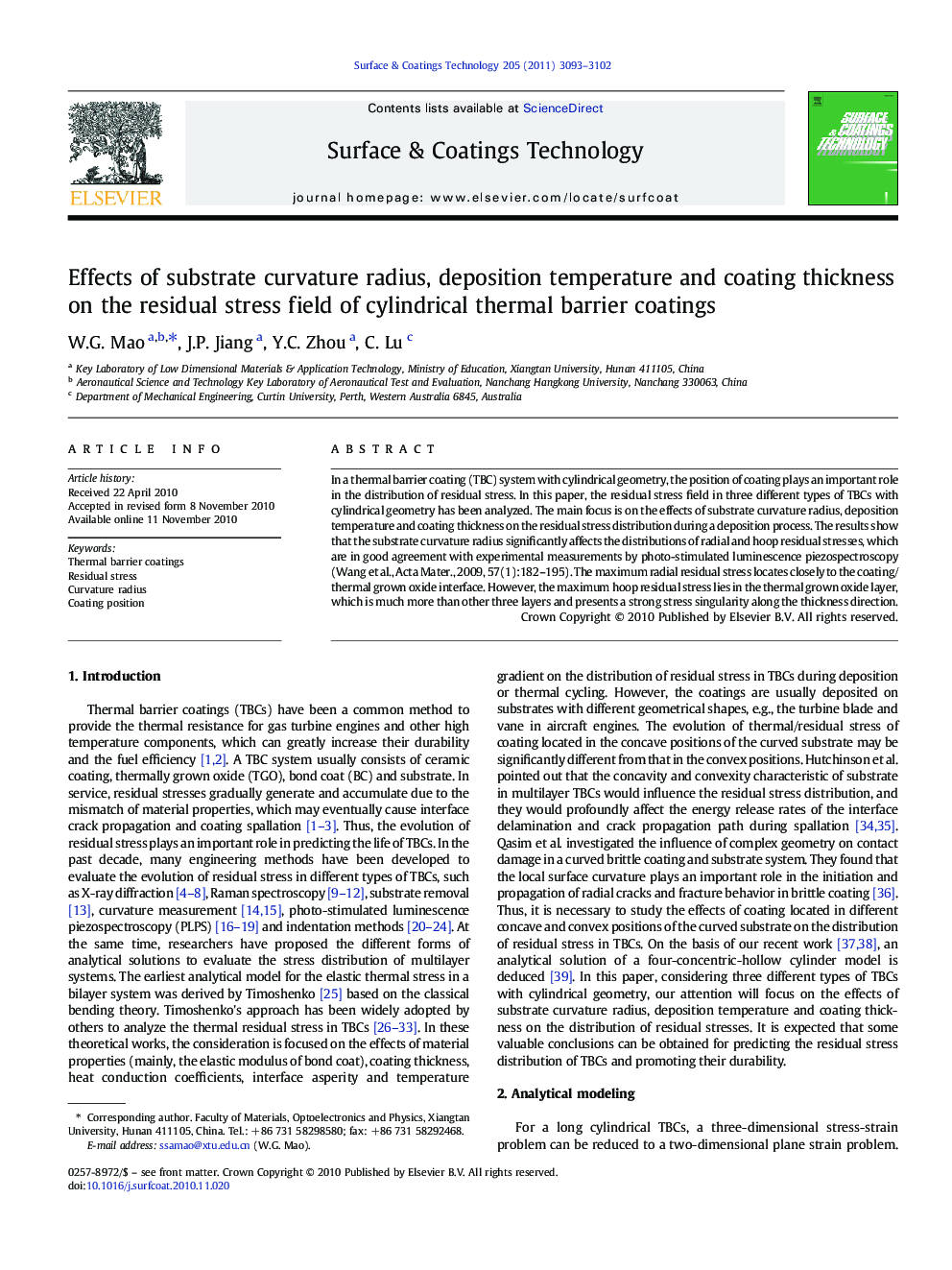 Effects of substrate curvature radius, deposition temperature and coating thickness on the residual stress field of cylindrical thermal barrier coatings