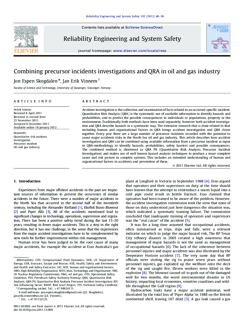 Combining precursor incidents investigations and QRA in oil and gas industry