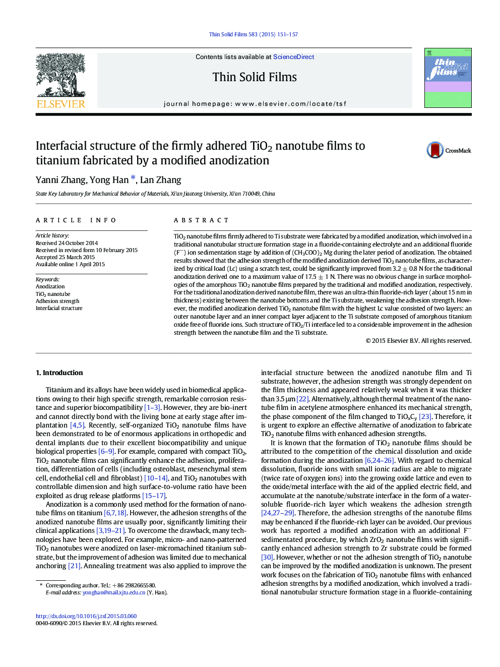 Interfacial structure of the firmly adhered TiO2 nanotube films to titanium fabricated by a modified anodization