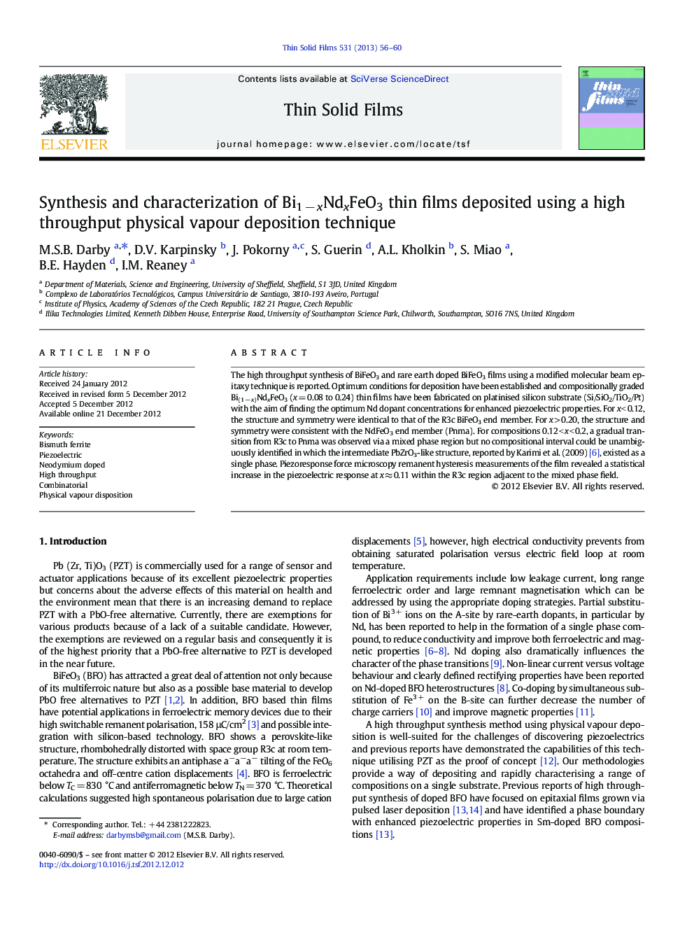 Synthesis and characterization of Bi1Â âÂ xNdxFeO3 thin films deposited using a high throughput physical vapour deposition technique