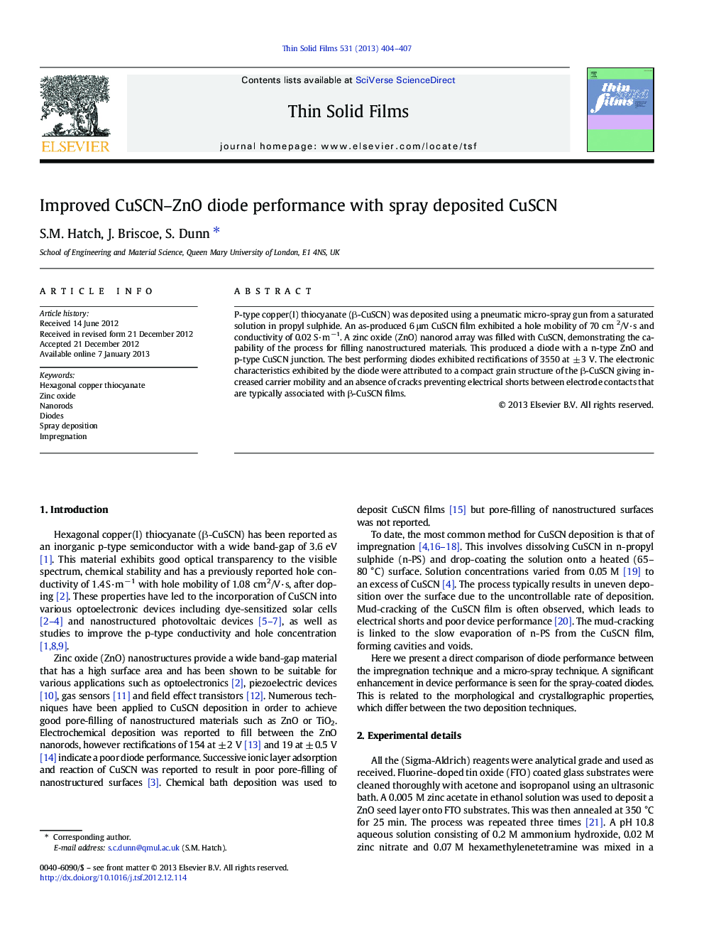 Improved CuSCN-ZnO diode performance with spray deposited CuSCN