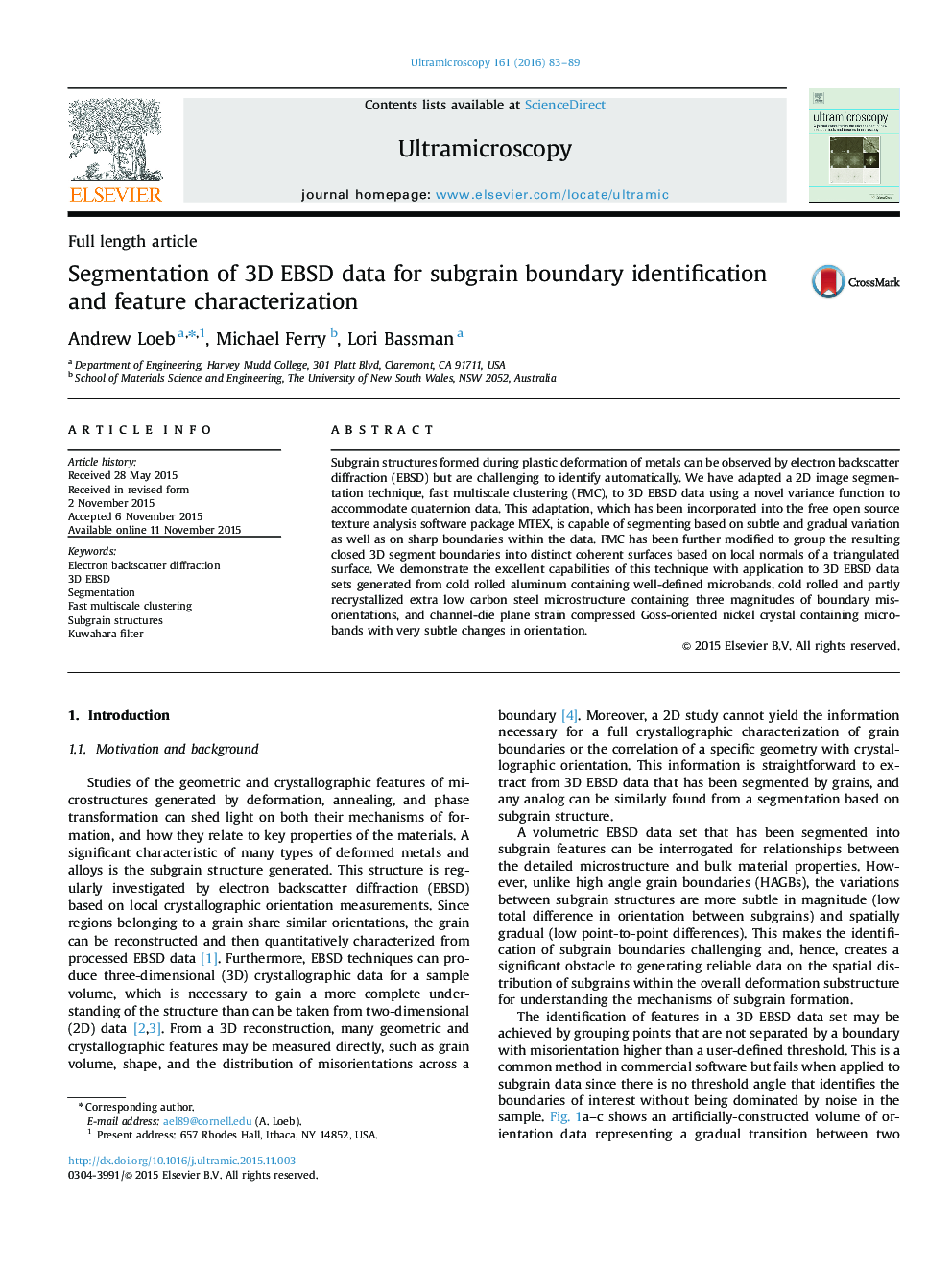 Segmentation of 3D EBSD data for subgrain boundary identification and feature characterization