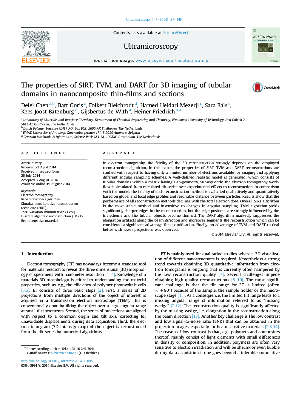 The properties of SIRT, TVM, and DART for 3D imaging of tubular domains in nanocomposite thin-films and sections