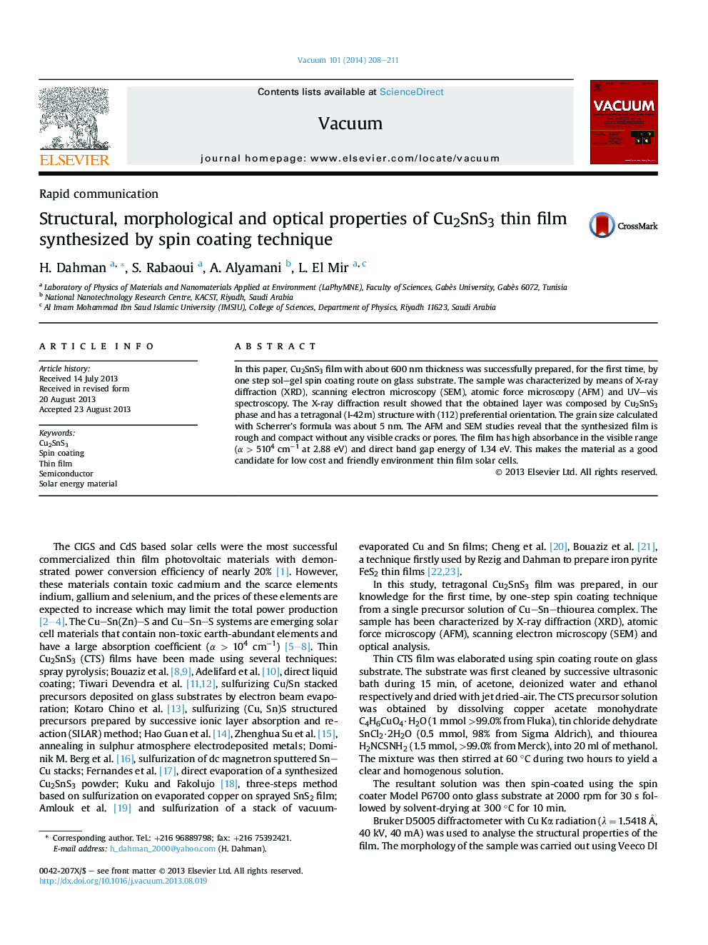 Structural, morphological and optical properties of Cu2SnS3 thin film synthesized by spin coating technique