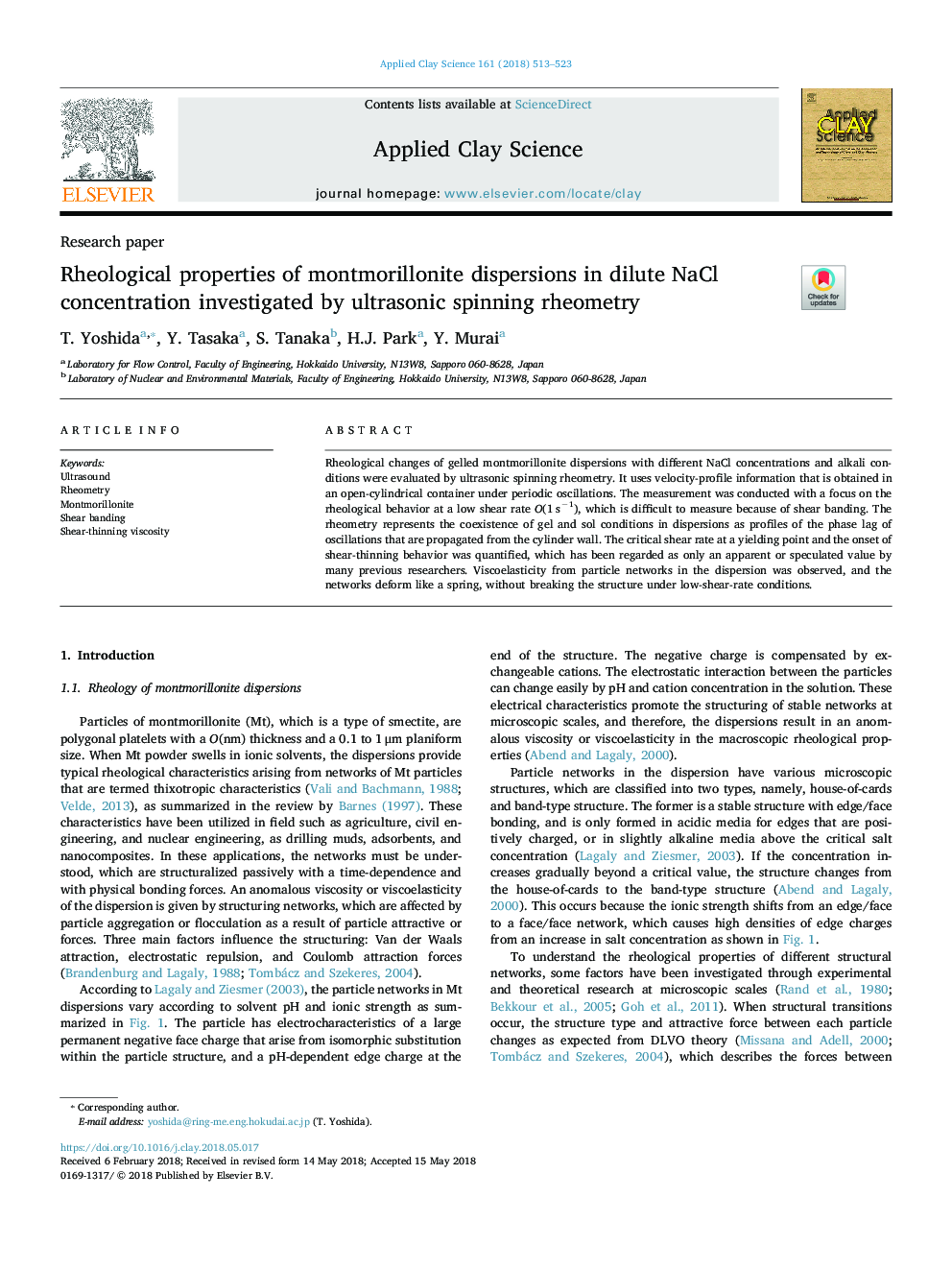 Rheological properties of montmorillonite dispersions in dilute NaCl concentration investigated by ultrasonic spinning rheometry