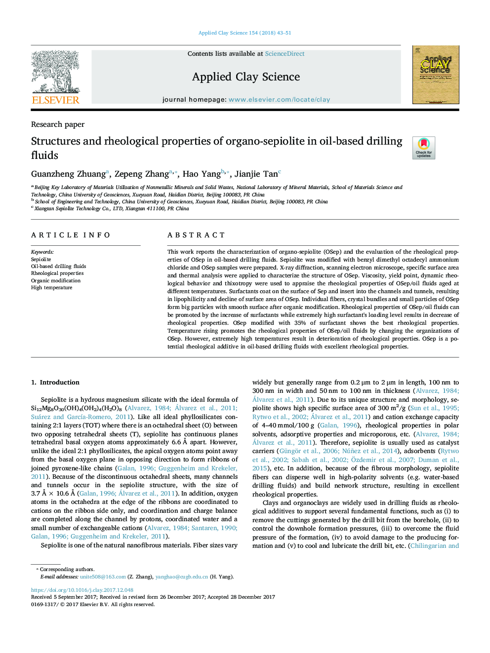 Structures and rheological properties of organo-sepiolite in oil-based drilling fluids