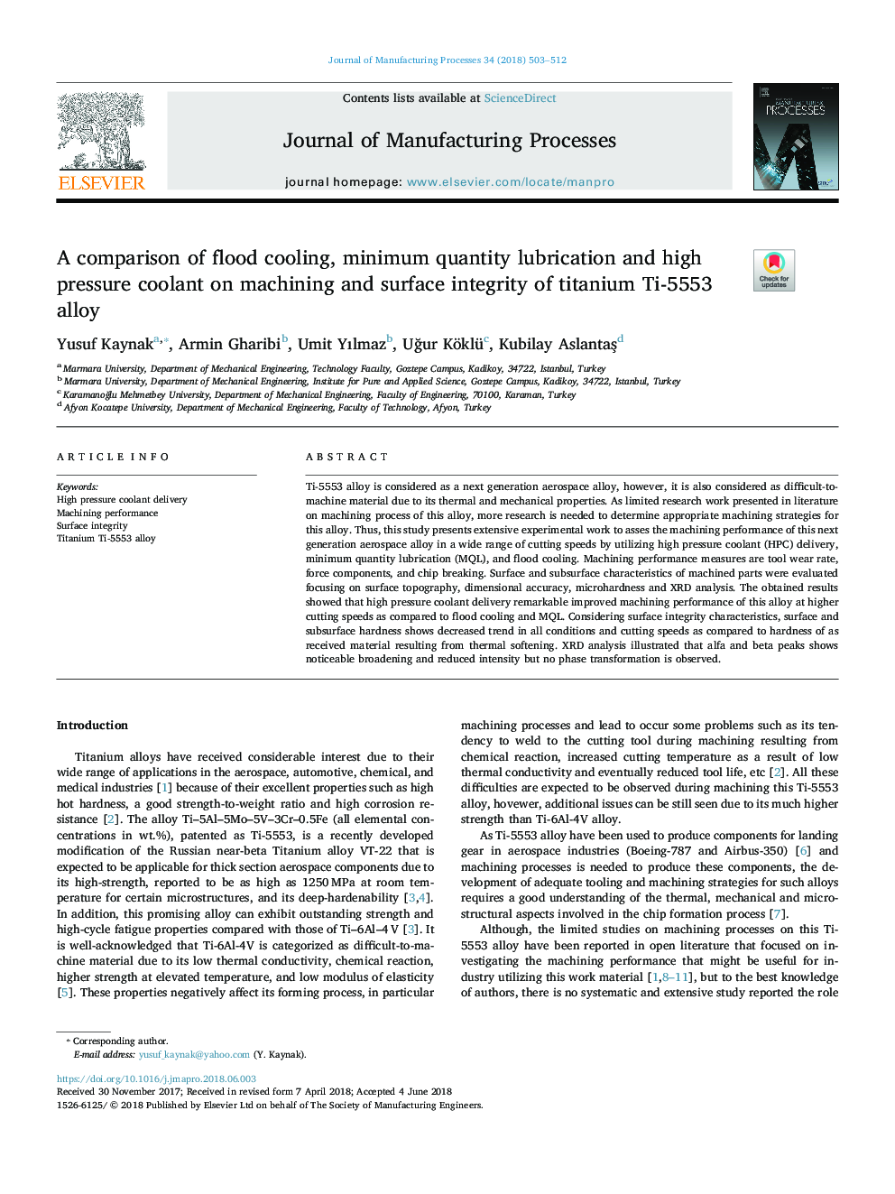 A comparison of flood cooling, minimum quantity lubrication and high pressure coolant on machining and surface integrity of titanium Ti-5553 alloy