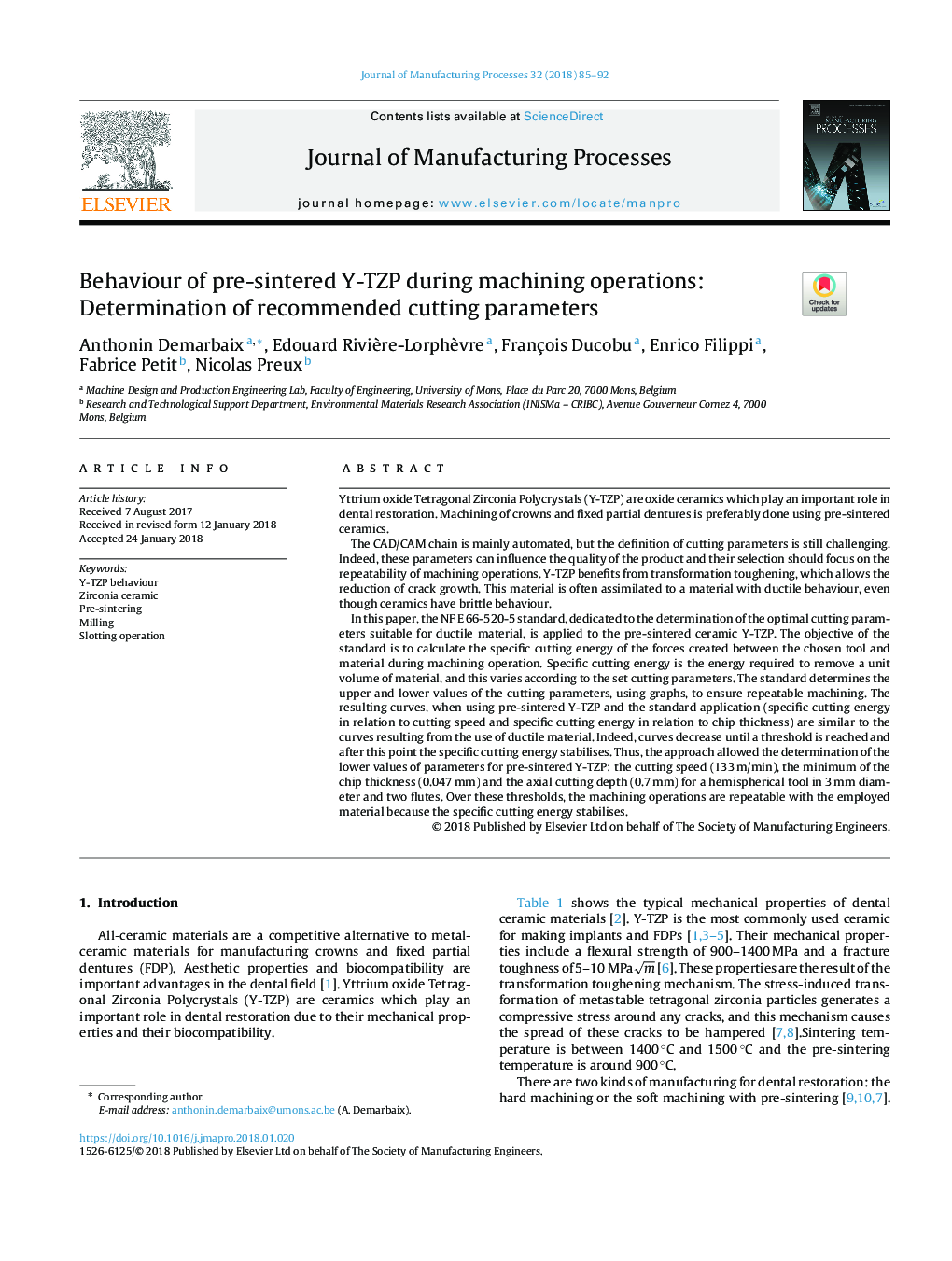 Behaviour of pre-sintered Y-TZP during machining operations: Determination of recommended cutting parameters
