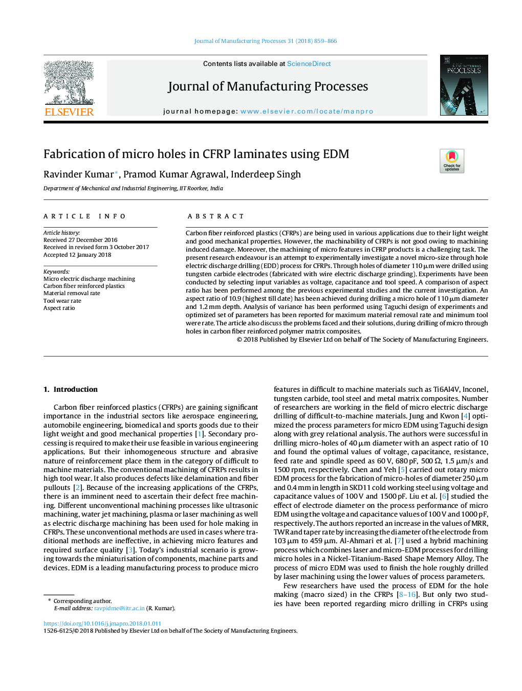 Fabrication of micro holes in CFRP laminates using EDM