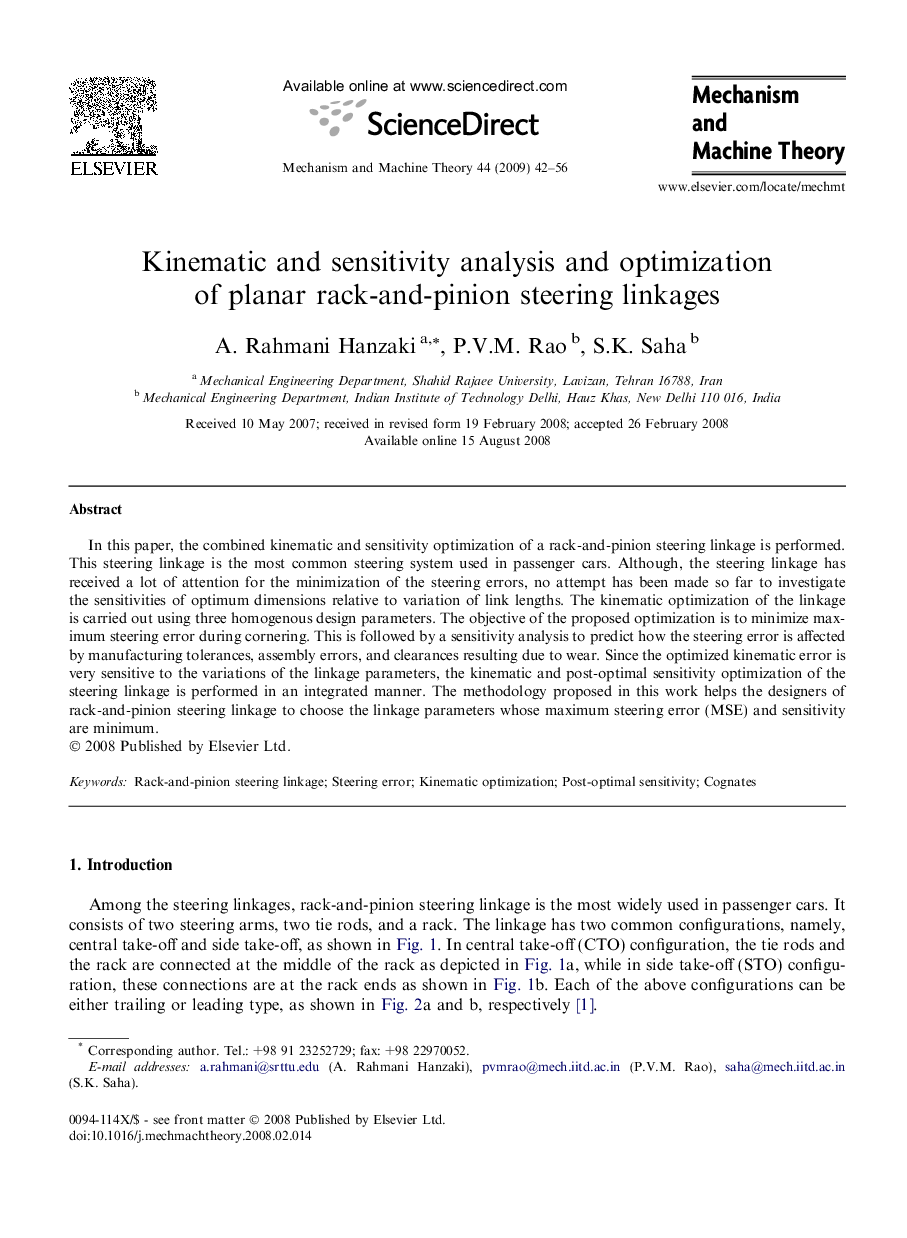 Kinematic and sensitivity analysis and optimization of planar rack-and-pinion steering linkages