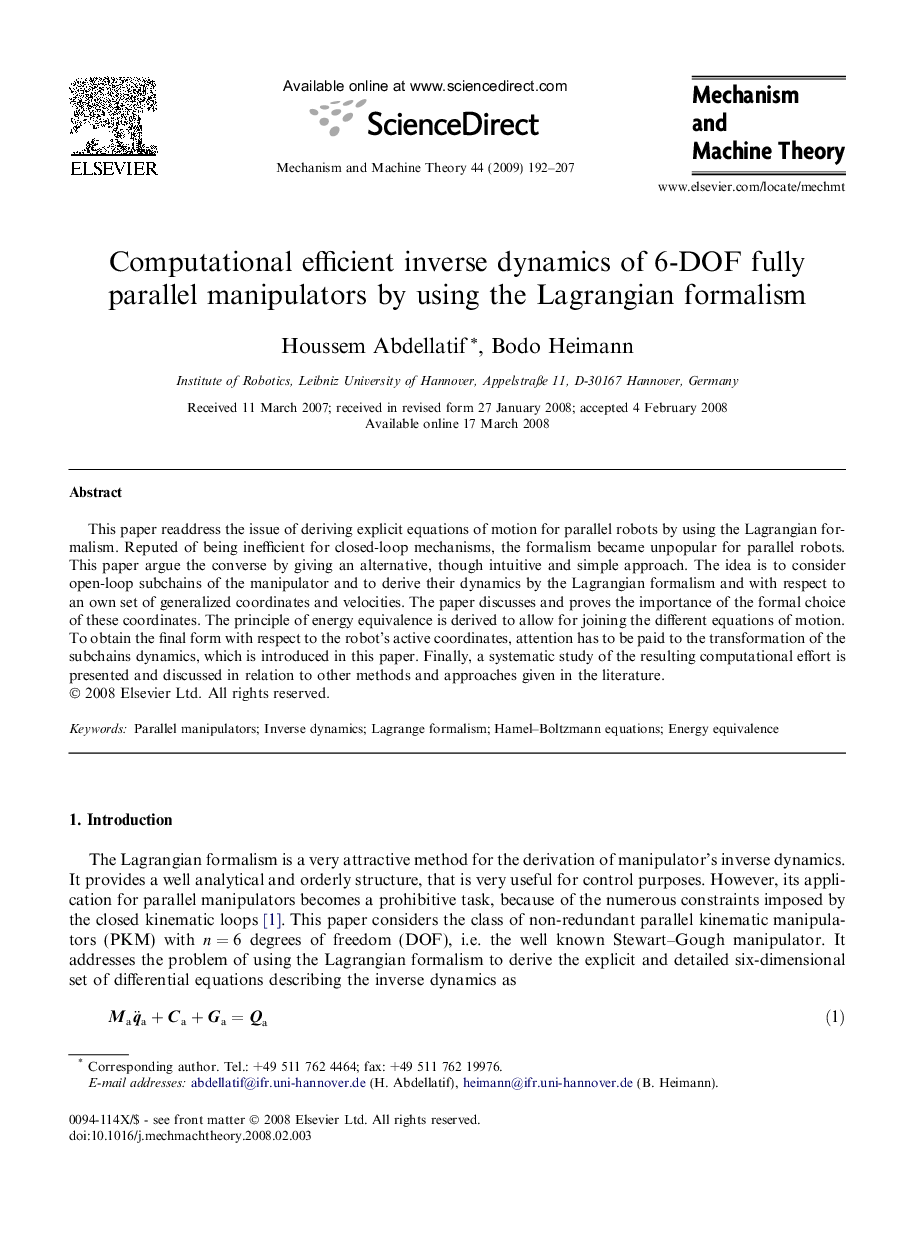 Computational efficient inverse dynamics of 6-DOF fully parallel manipulators by using the Lagrangian formalism